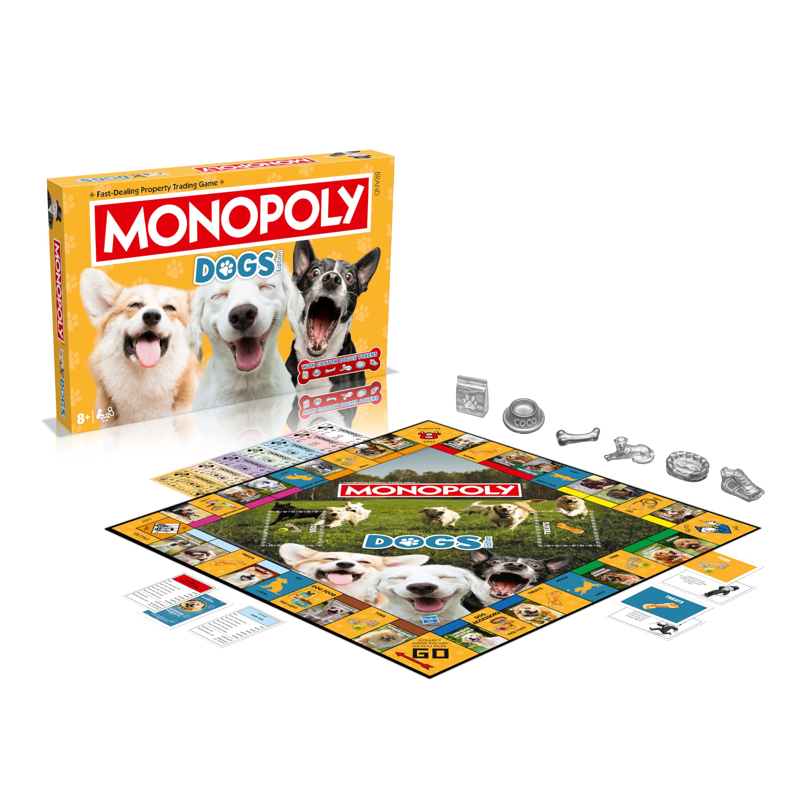 Winning Moves Dogs Monopoly gra planszowa edycja angielska, baw się z ulubionymi psami z Pomeranian, Siberian Husky i Shiba Inu, zabawna rodzinna gra planszowa dla dzieci od 8 lat