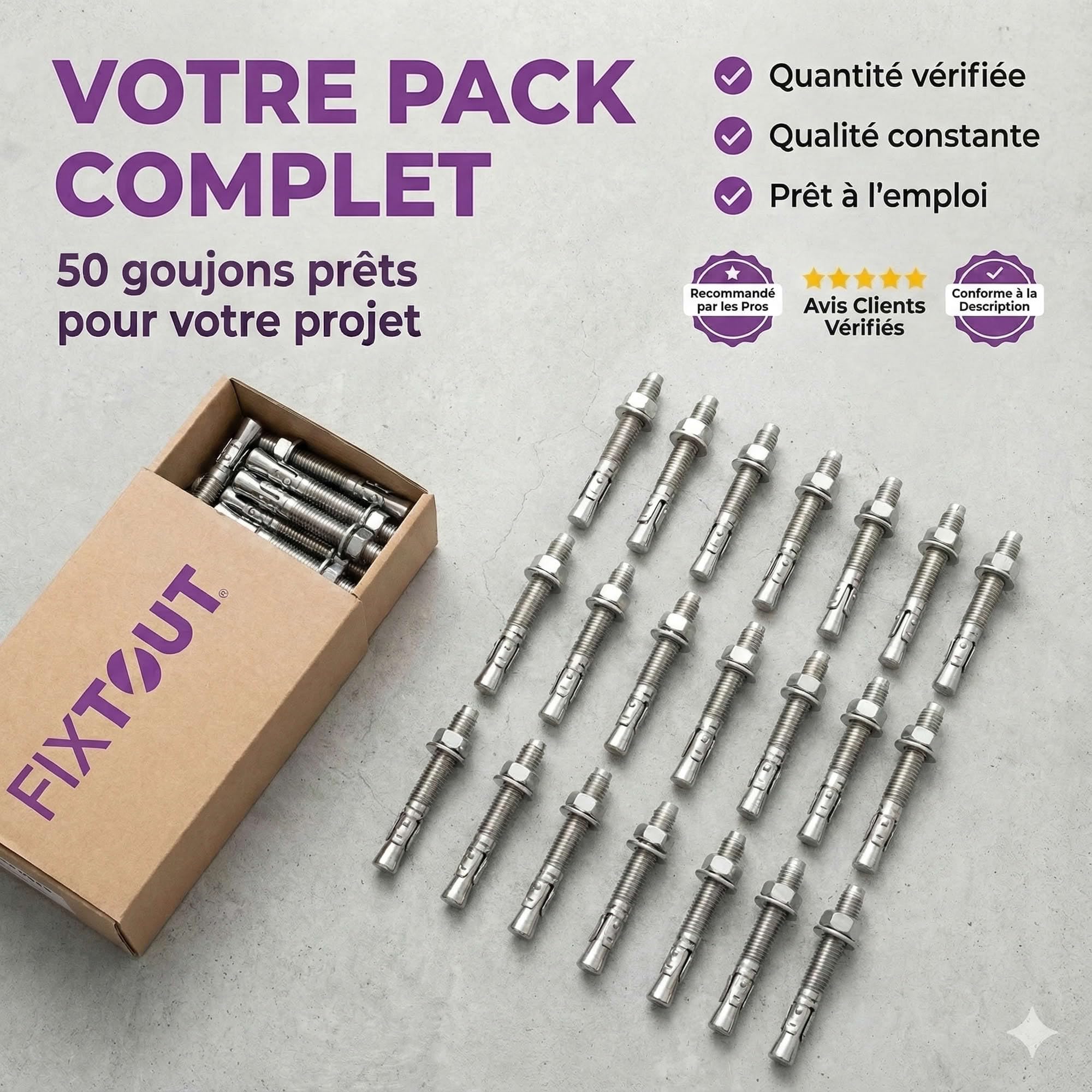 Lot de 50 goujons d'ancrage M8 en Acier Inoxydable A2 - Diamètre 8 mm - Longueur 90 mm