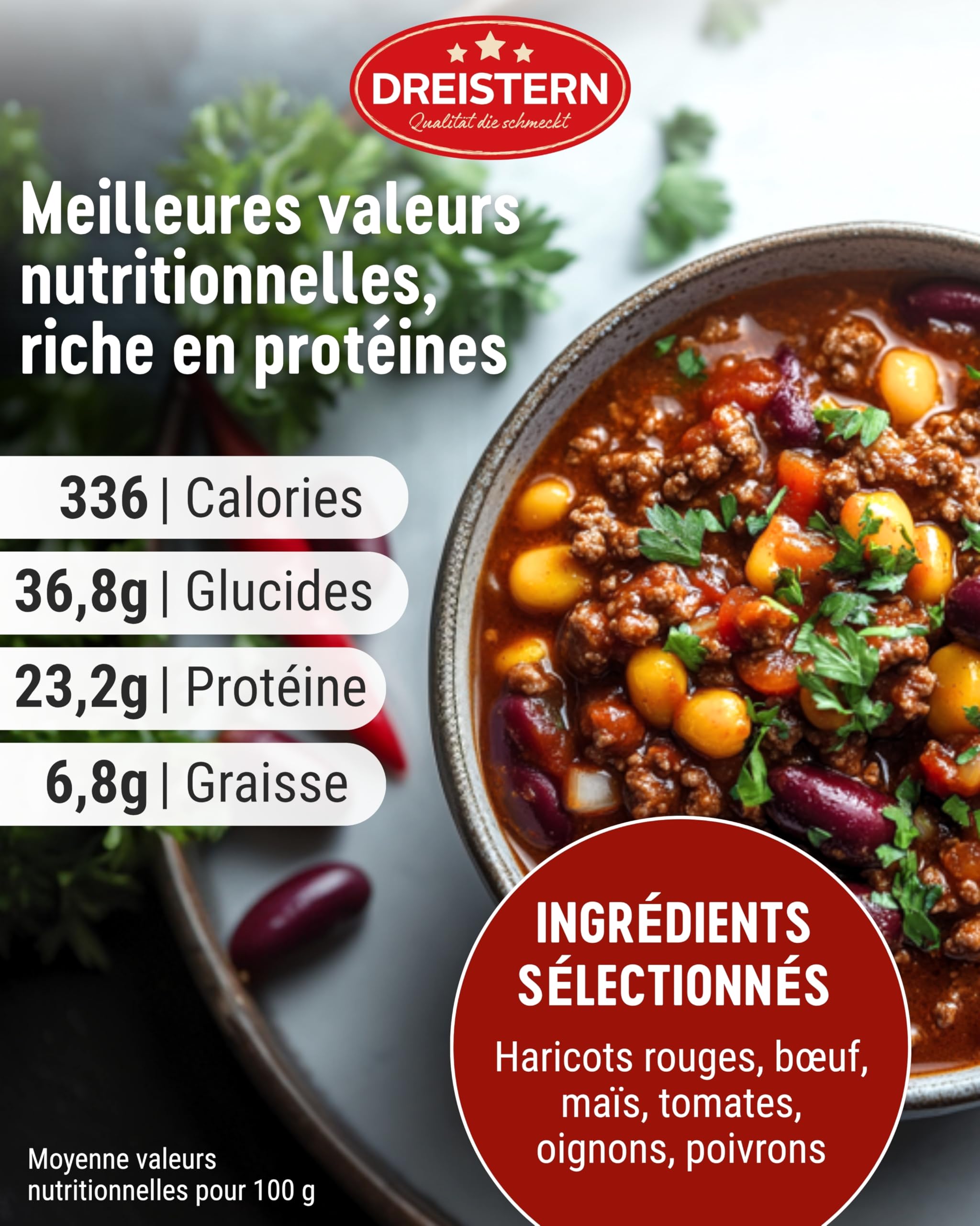 DREISTERN Chili con Carne 400g - Avec bœuf & légumes - Chili hyperprotéiné aux valeurs nutritives de qualité - Longue conservation & sans conservateurs ajoutés - Qualité maison