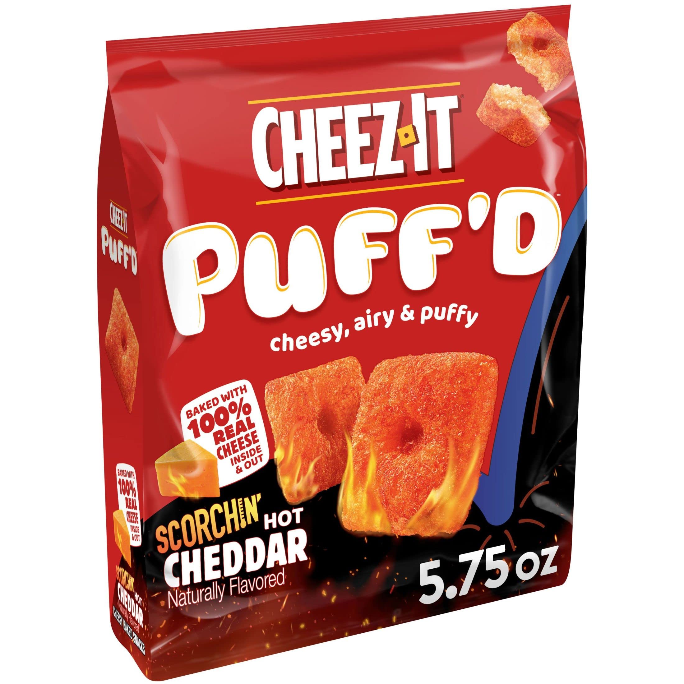 Cheez-It Puff'd Cheesy Baked Snacks, Puffed Snack Crackers, Spicy Snacks, Scorchin' Hot Cheddar, 5.75oz Bag (1 Bag)