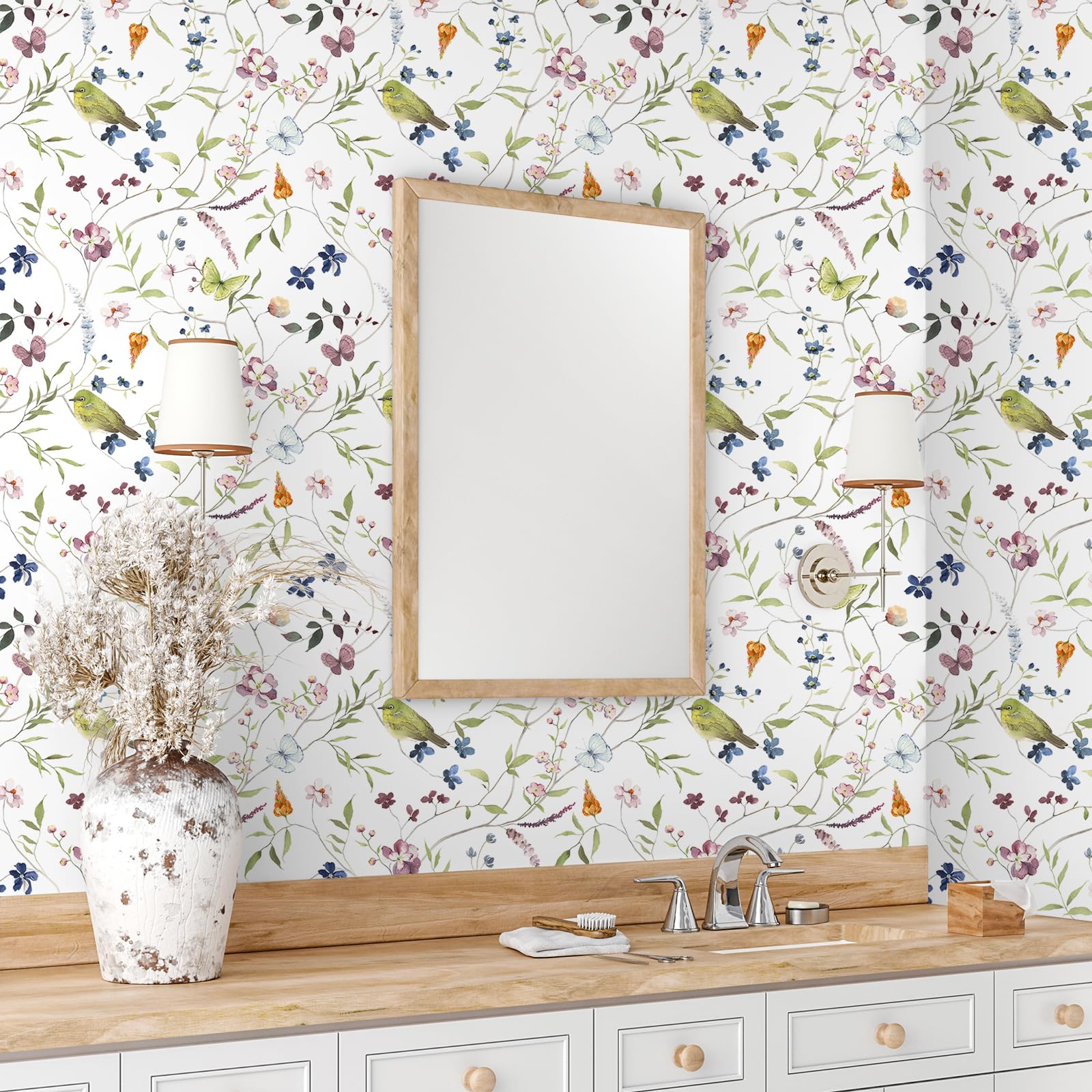 VEELIKE Vintage Bird Wallpaper Peel and Stick Butterflies Floral Wallpaper 44.5cm x 300cm Removable Chinoiserie Wallpaper Mural for Bedroom Bathroom Prepasted Art Deco Contact Paper for Cabinets Walls - Image 4