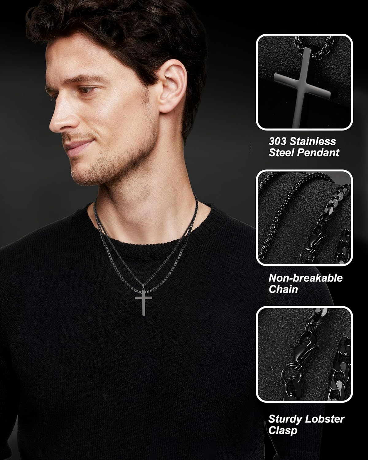 TEN MIRO Silver/Black Cross Necklace for Men Boy Stainless Steel Cross Pendant Necklace for Men Christian Religious Jewelry with Box & Card Birthday Anniversary Christmas Father's Day Gifts for Him - Image 5