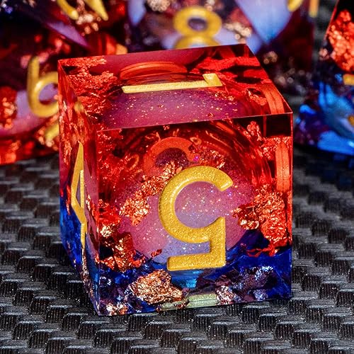 Miniatura 28 de ARUOHHA juego de dados de núcleo líquido DND, juego de dados de 7 piezas de resina con bordes afilados RPG rojo azul poliédrico D y D con caja