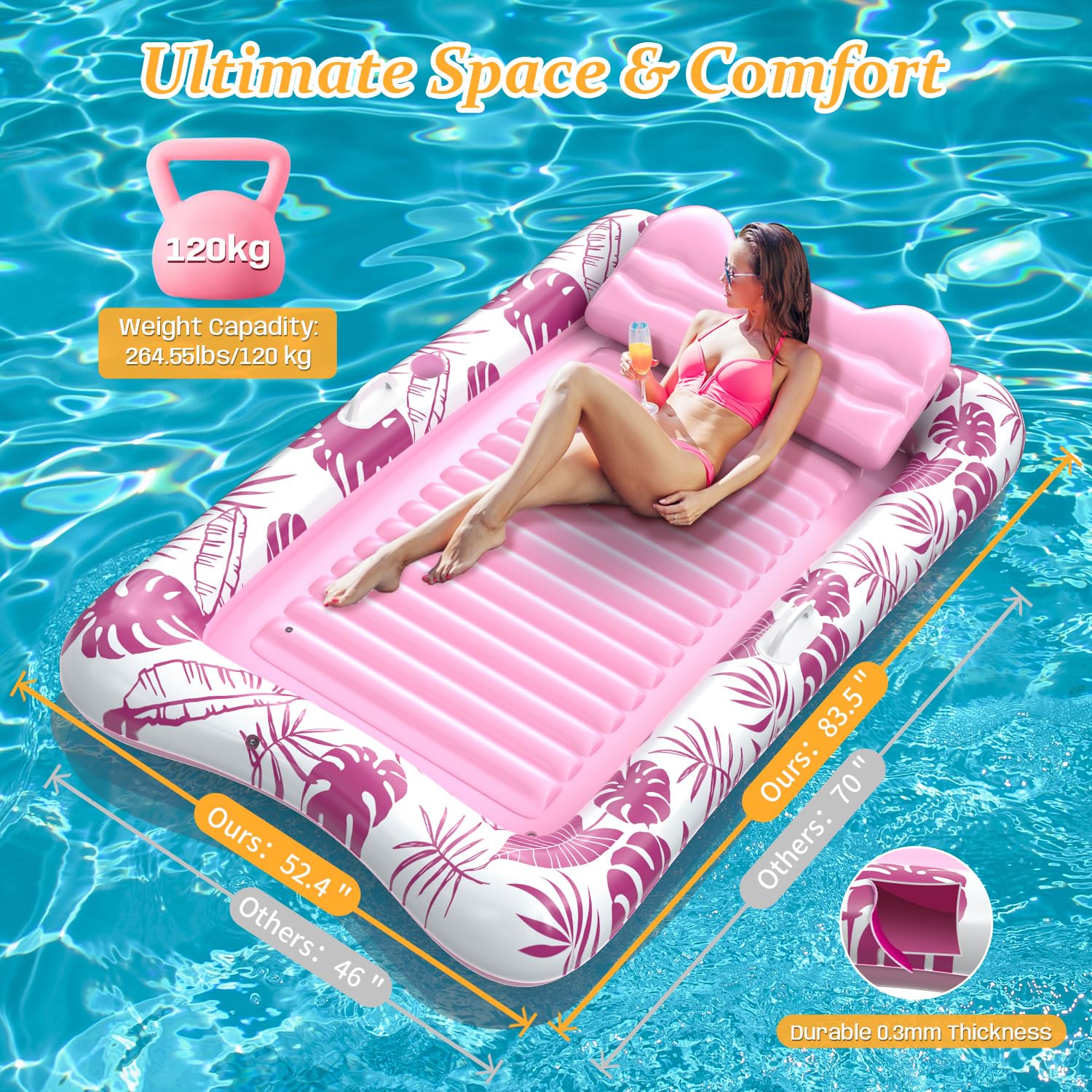 Rrtizan Radeaux de piscine gonflables pour adultes, 212,1 x 133,1 cm avec oreiller, porte-gobelet et poignées, flotteur 4 en 1 pour piscine, jardin, piscine à balles pour enfants