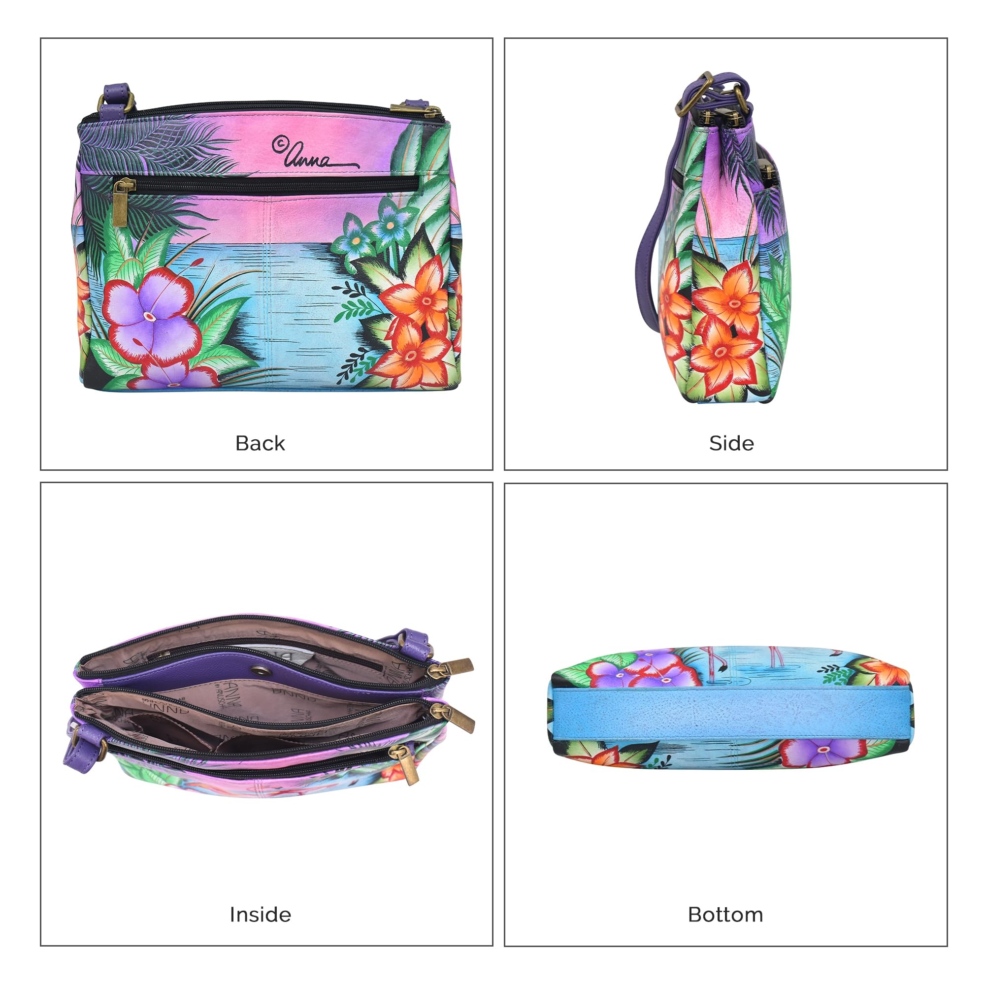 Anna by Anuschka Original Hand-Painted Cross Body Organizer-Leather Handbag for Women, Tropical Flamingos