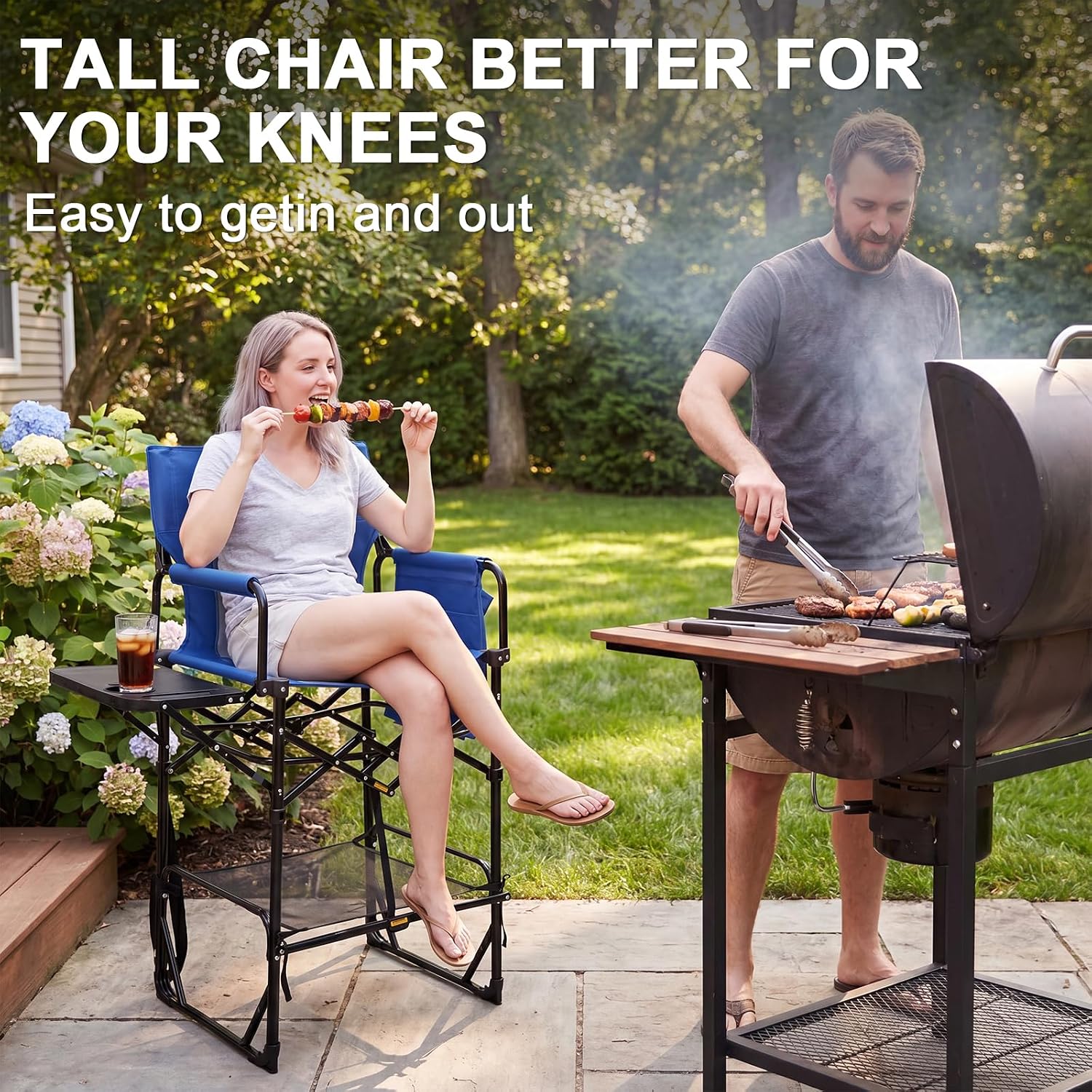 2Pcs Extra Tall Portable 30" Seat Height Folding Camping Chair Directors Chair High Foldable Bar Stool with Side Table for Makeup Artist, Sports Event, Craft Show, Supports 400LBS,Blue thumbnail