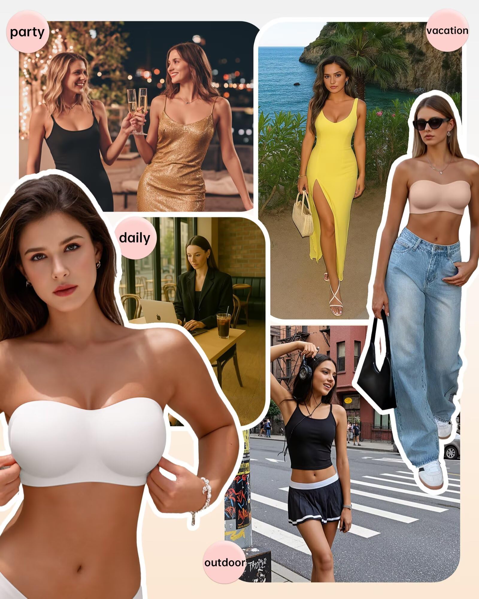 Vertvie Reggiseno senza spalline senza spalline senza cuciture imbottito reggiseno a fascia antiscivolo in silicone top push up convertibile bralette, bianco, L