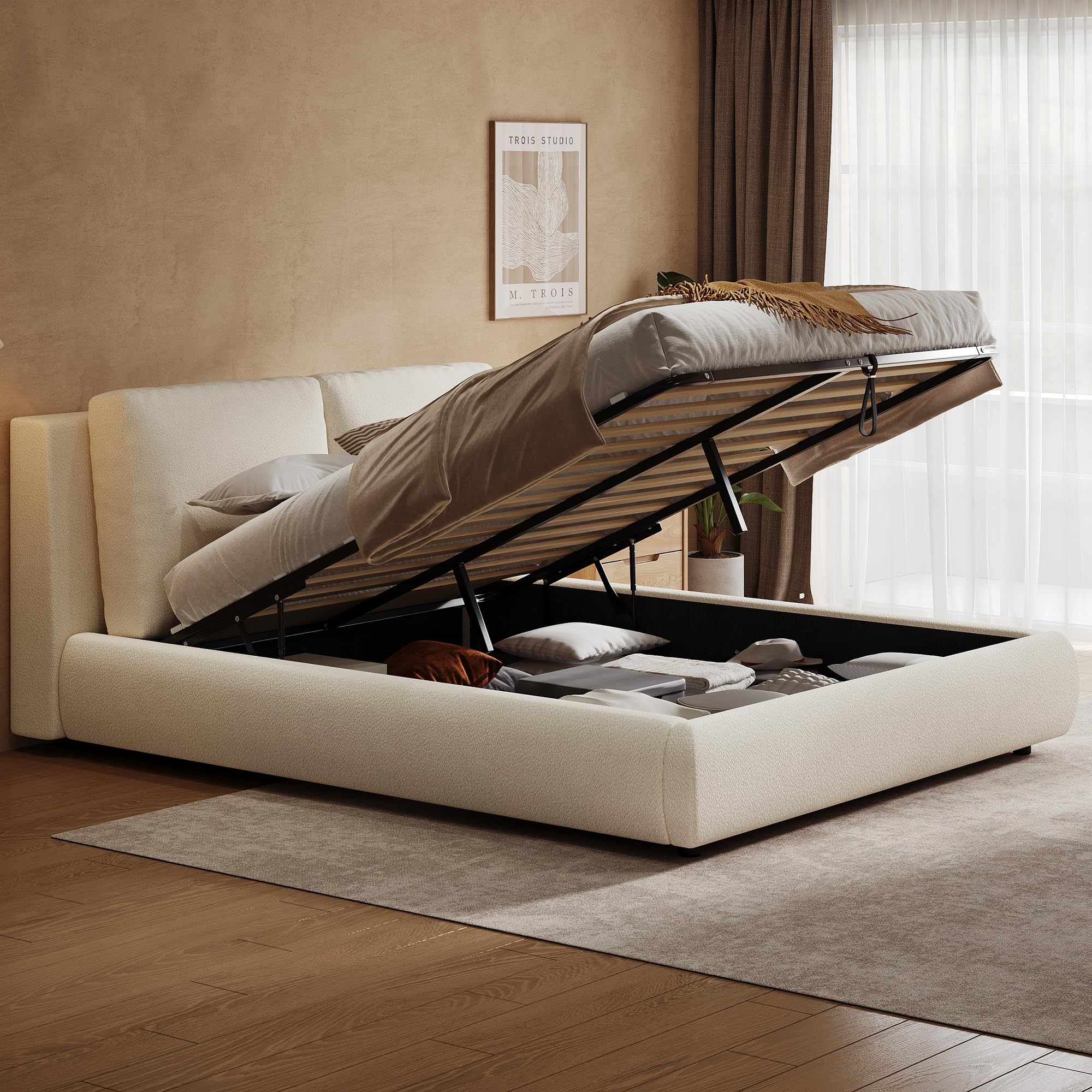 Cama tapizada, 160 x 200 cm, cama funcional hidráulica, somier, cabecero acolchado, gran espacio de almacenamiento, beige