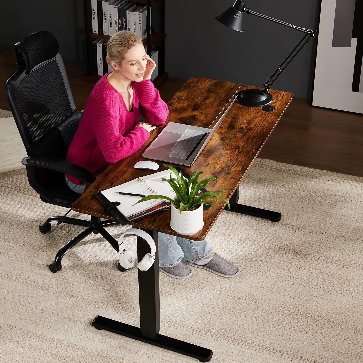 Standing Desk, 55 x 24 in Computer Desk Electric Height Adjustable Desk Home Office Desks Sit Stand up Desk Computer Table with Memory Controller/Headphone Hook, Rustic Brown