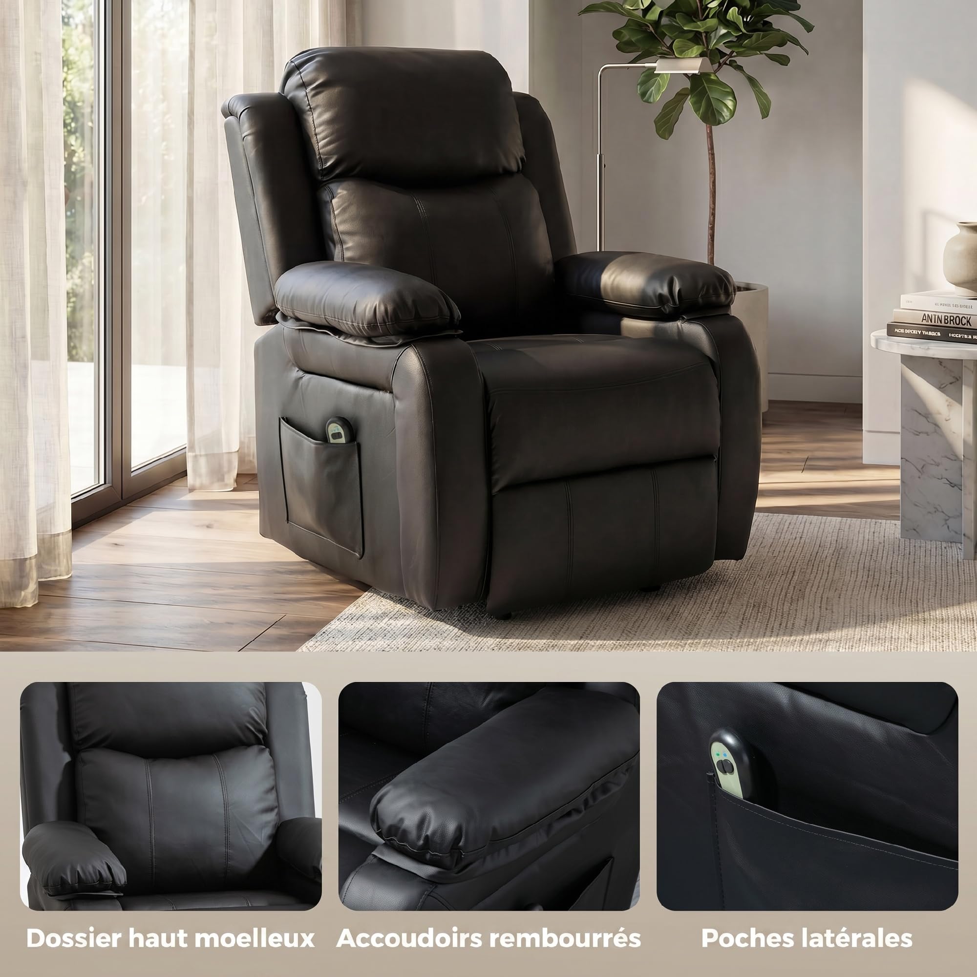 HOMCOM Fauteuil releveur électrique, Fauteuil Relax électrique avec Repose-Pied, Dossier inclinable, télécommande et Poches latérales, revêtement en PU, pour Personnes âgées, Noir