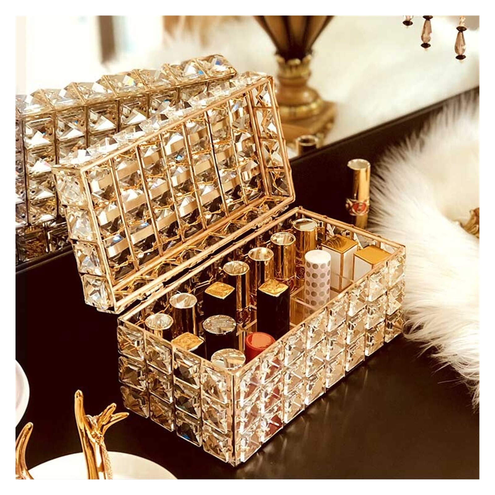 Crystal Lipstick Holder Makeup Organizer Necklace Dressing Table Makeup Brush Jewelry Pearl Storage Box Decor ornaments Tray (Color : Kou hong he)