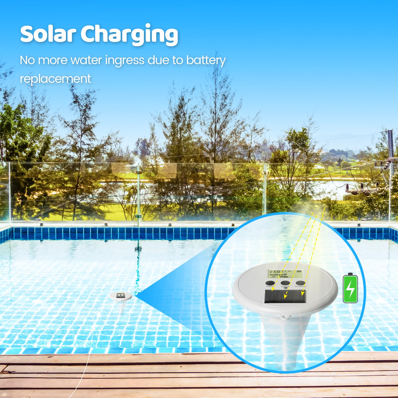 Alarma de piscina WiFi, onda solar sensible, control inteligente, alarma dual, dispositivo y app, ofrece protección