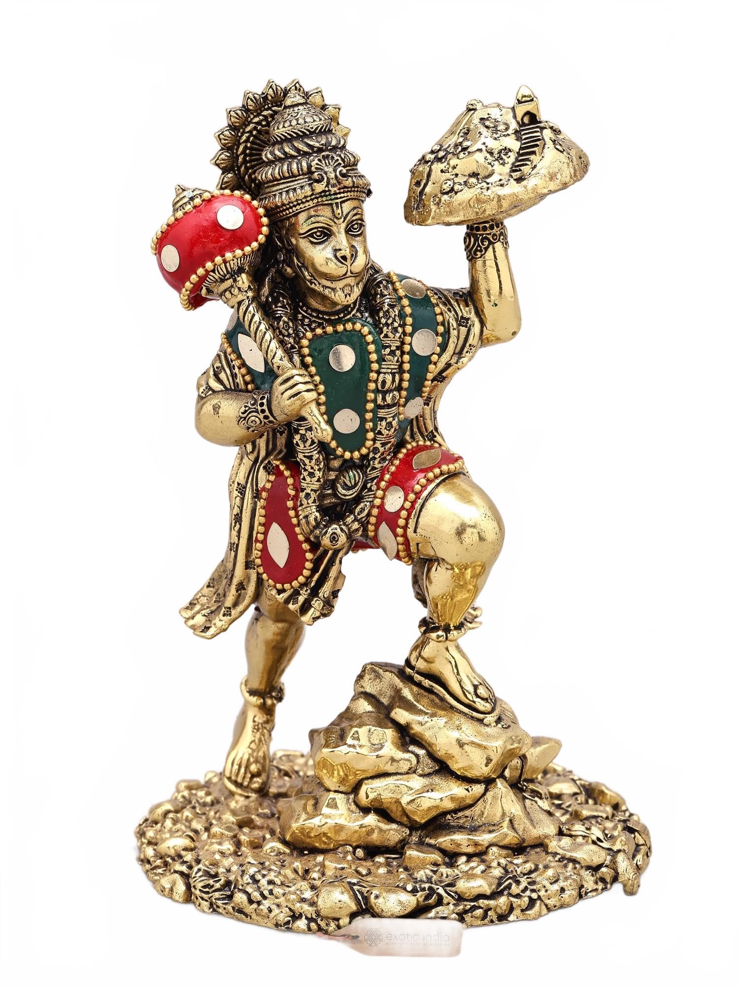 Exotic India Lord Hanuman z mosiężną statuetką Sanjivani z inkrustacją, hinduski bóg idol do pokoju Pooja i wystroju domu