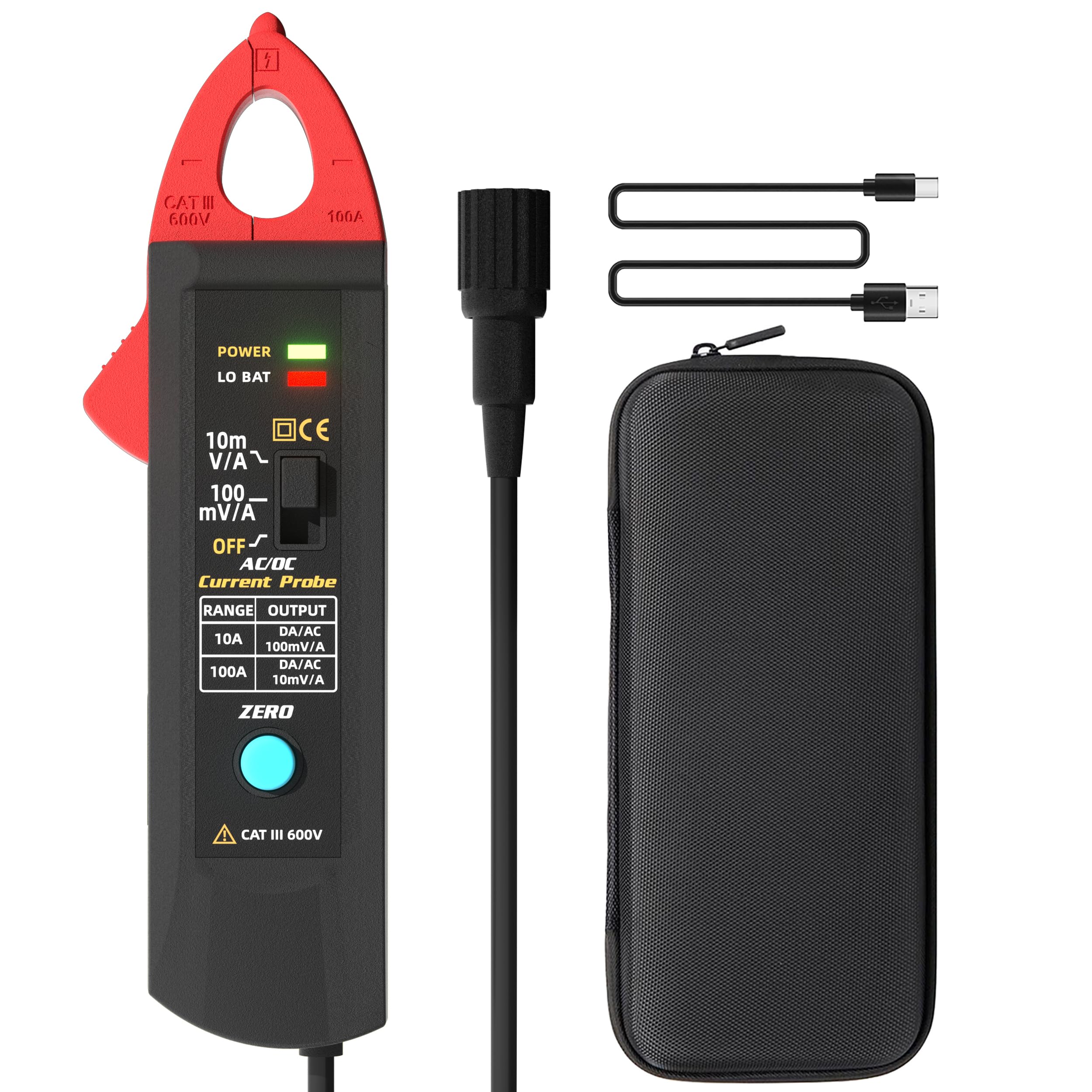 BSIDE UP1 AC/DC Strommesszange für Oszilloskop 10mA–100A, 20KHz, Oscilloscope Stromzange Wiederaufladbar mit BNC-Anschluss und Tasche