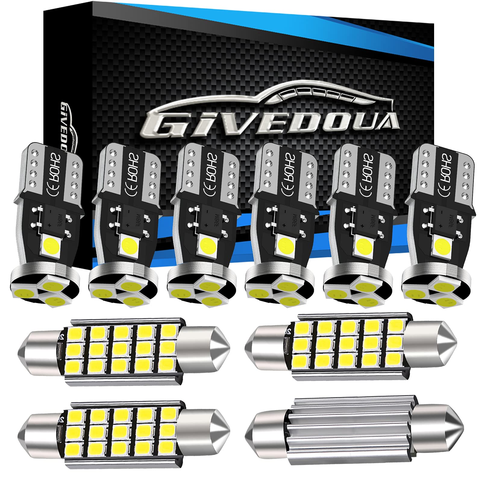 GIVEDOUA 578 211-2 212-2 41mm 42mm 194 168 2825 T10 LED Festoon Bulbs Kits for U.S.A Car Truck Interiors Dome Map Door Courtesy Trunk License Plate Lights 6000k White Super Bright,Pack of 10pcs