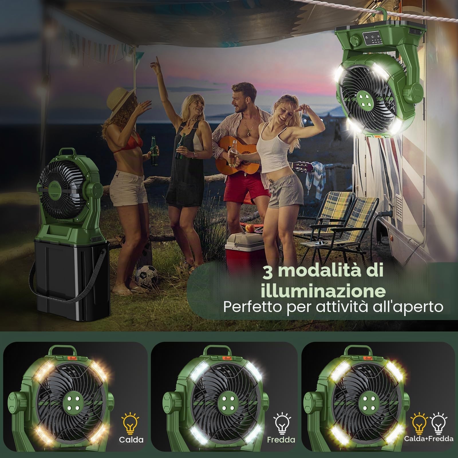 Ventilatore nebulizzatore portatile 6 litri, ricaricabile 20000 mAh, luce LED, 4 spruzzi