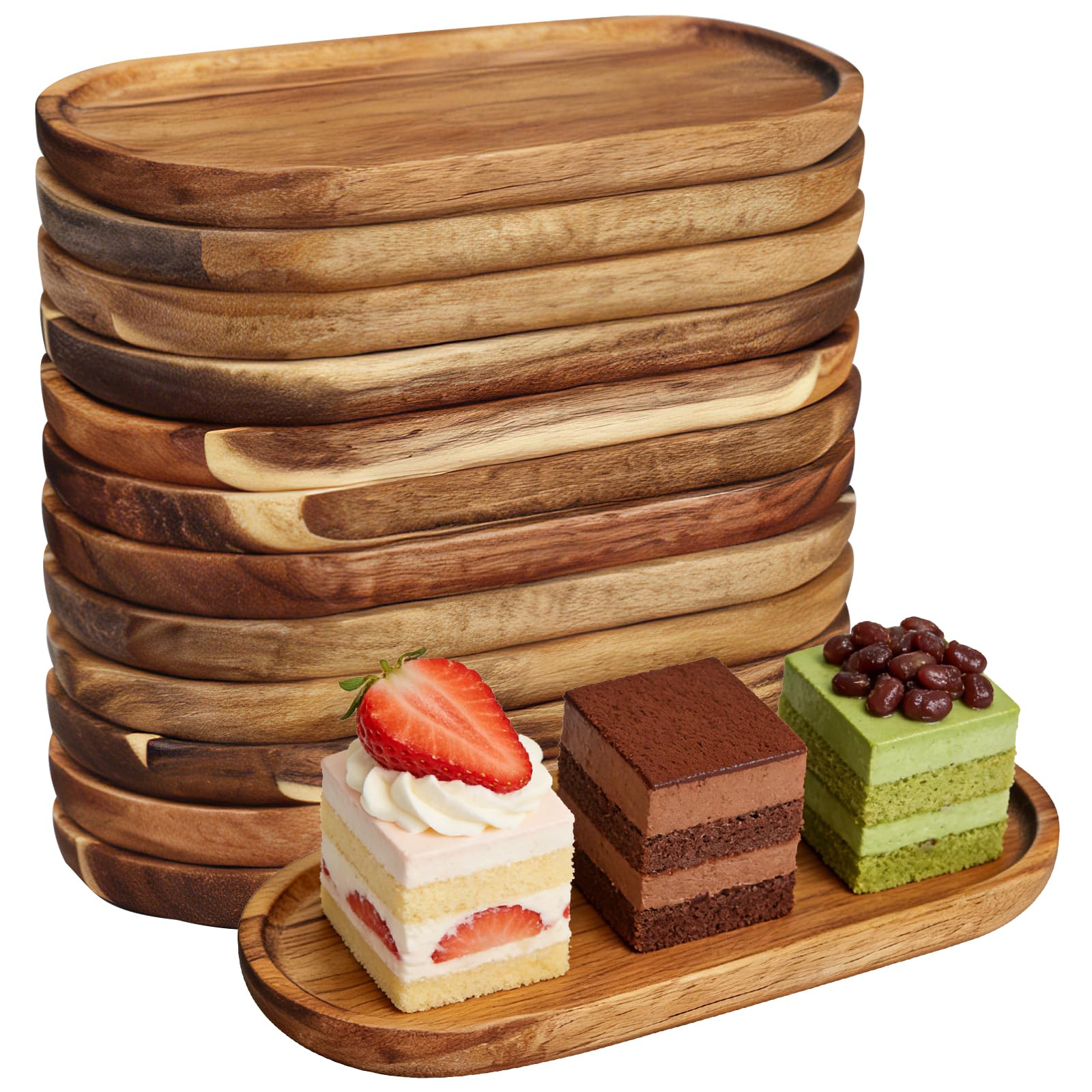 Juego de 12 bandejas de madera, 25 x 12,5 x 2 cm, ovaladas, pequeñas, de madera, para servir café y pasteles, en blanco, para gastro y decoración