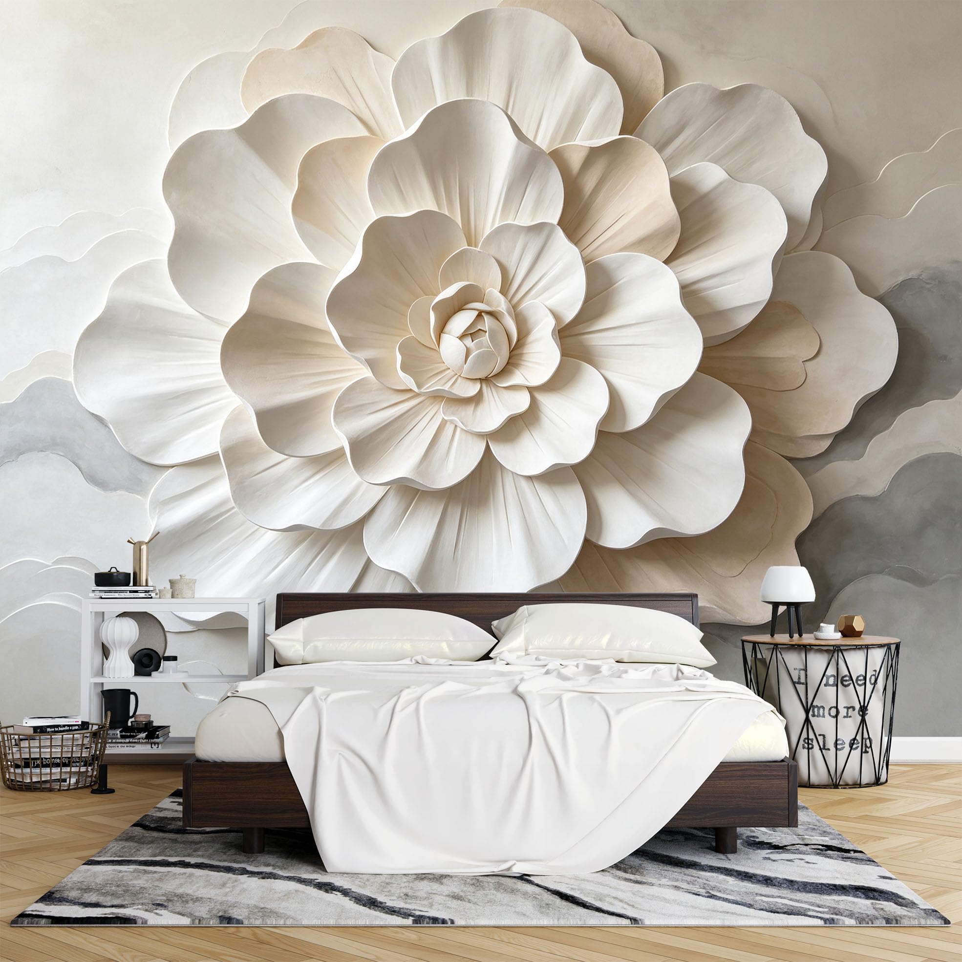Papier Peint Photo Mural Intissé 3D Motif Lotus Crème 210 x 150 cm Élégant et Moderne Idéal pour Le Salon Ou la Chambre.