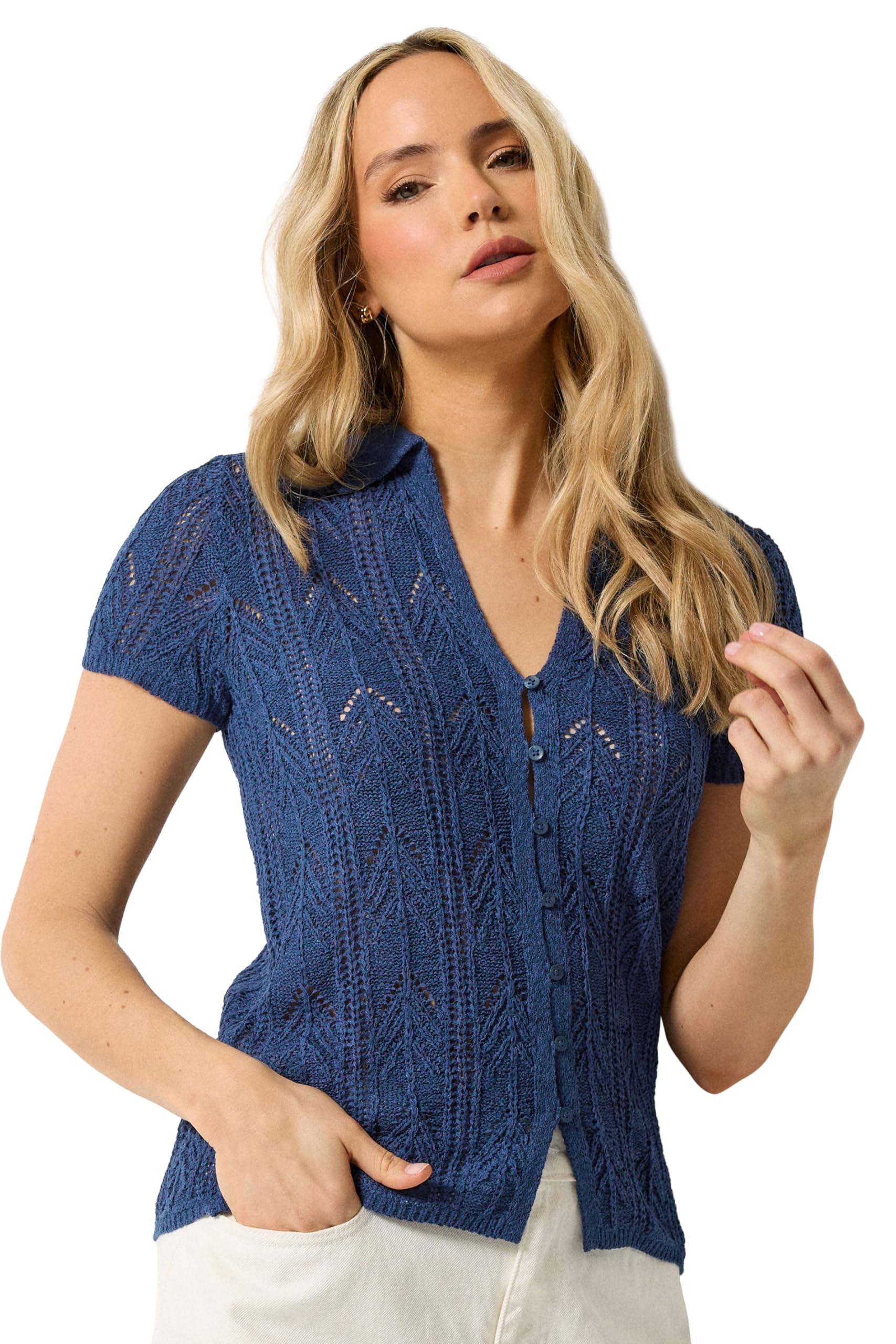 Long Tall Sally Women's Mid Navy Tall Knitted Polo Cardigan In Size 14-16