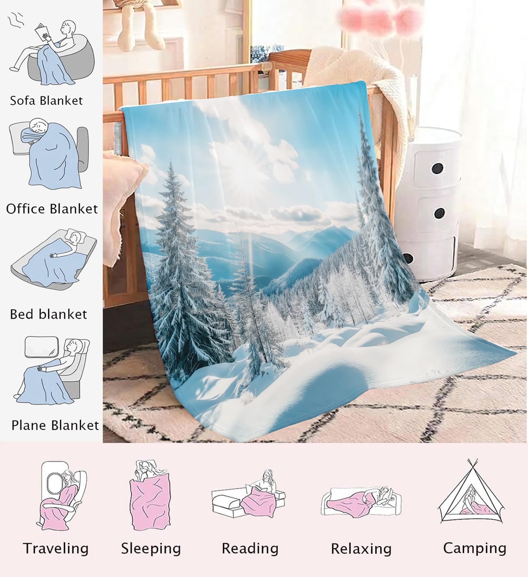 Manta De Navidad Azul Blanco Montañas del Cielo 220X240Cm Suave Cálida Y Peluda Decoración Navideña,Acogedora Invierno Natural Adolescentes De Adultos para TV Sofá En Vacaciones