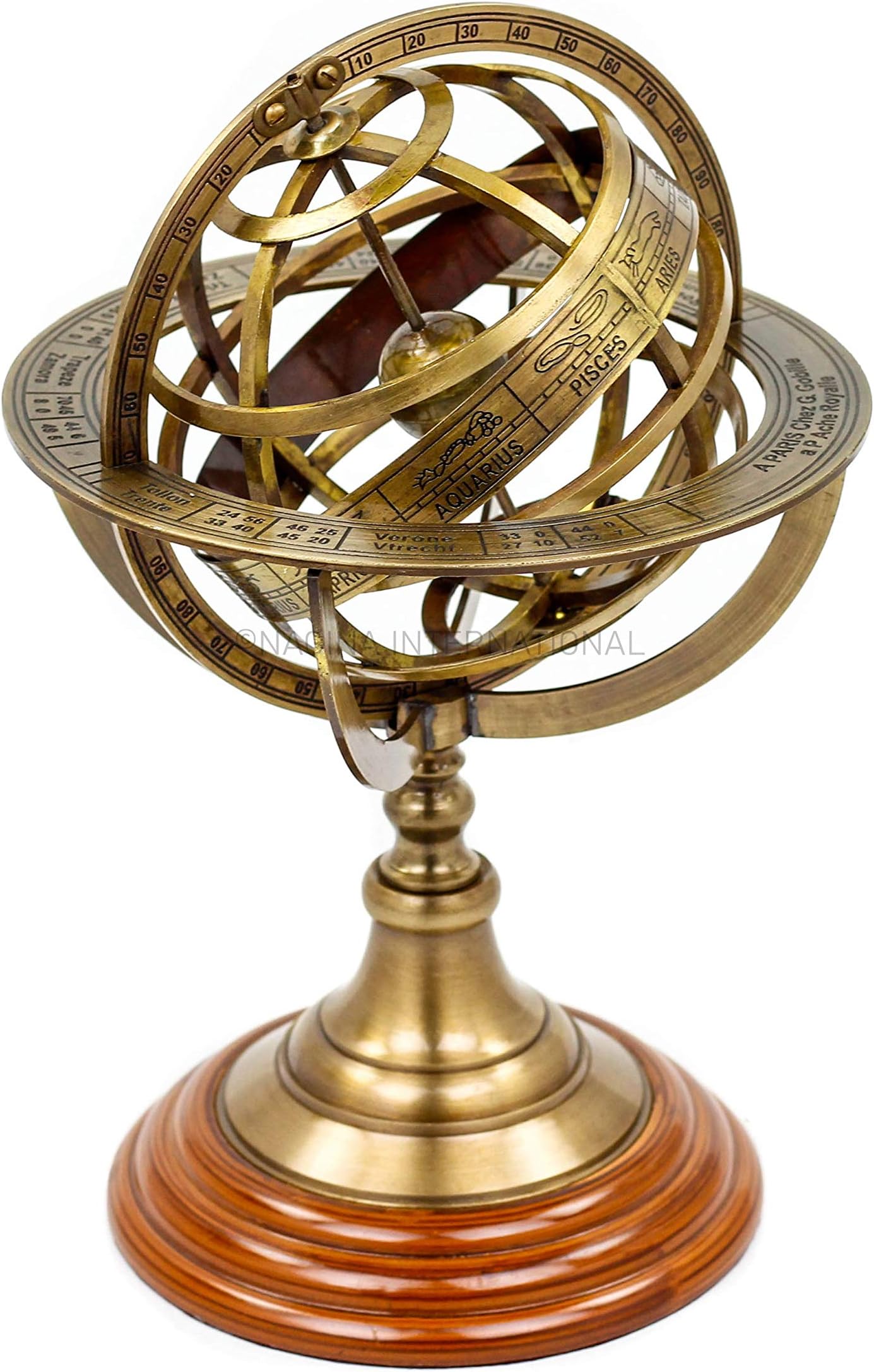Nagina International Antique Vintage Zodiac Armillair Brass Bol Globe Houten Display | Decor van het antieke schip van de piraat (groot, antiek koper