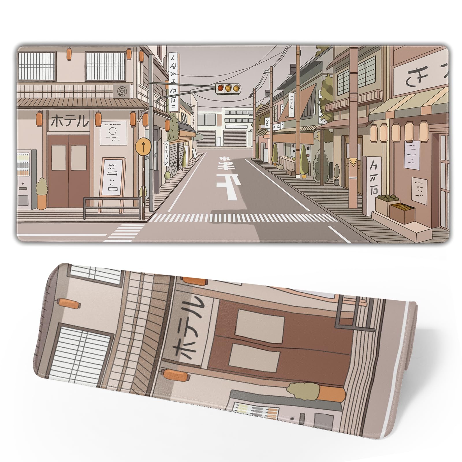 Tokyo Street Anime Kawaii Large Gaming Mousepad XXL Beige Cute Desktop Laptop Keyboard Mouse Mat Desk Pad Big 31.5''x15.7'' with Stitched Edges
