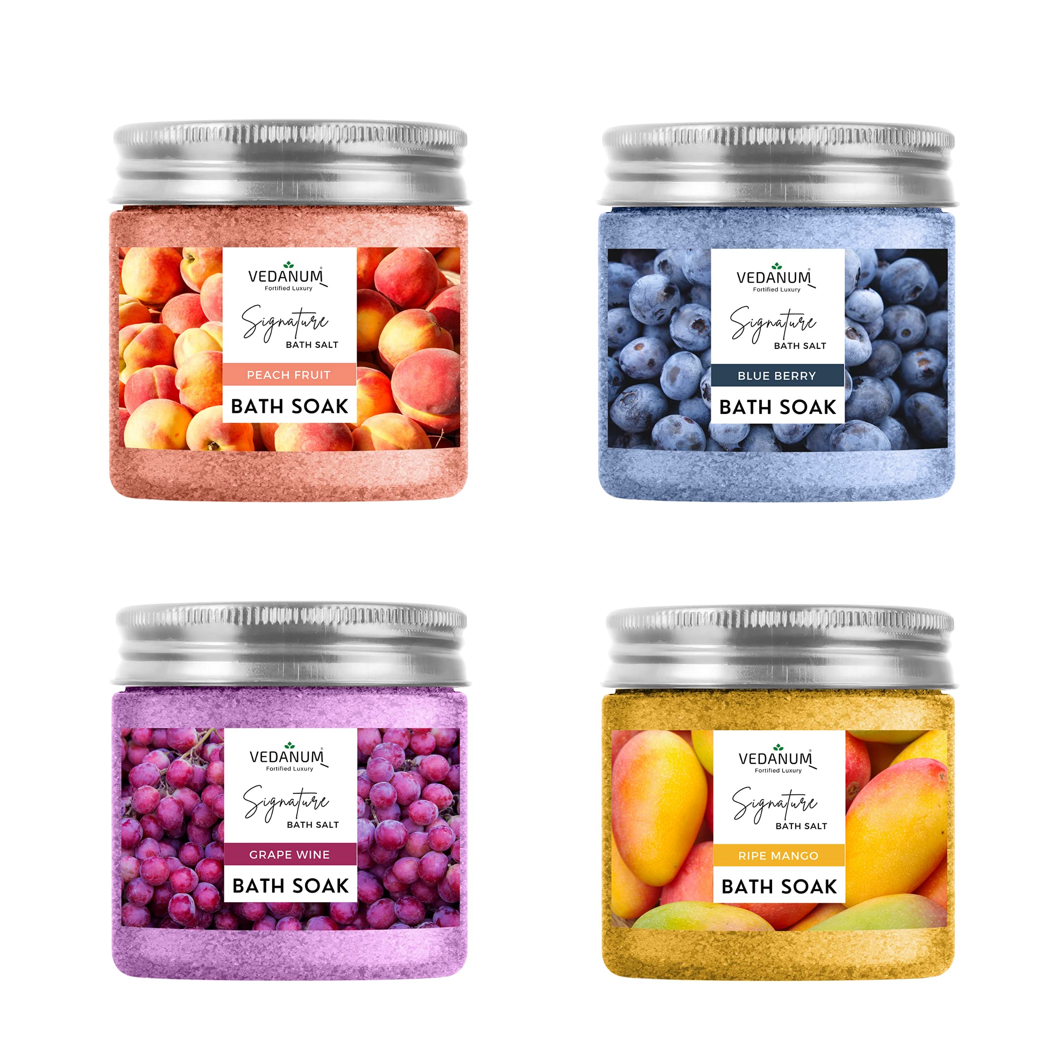 Vedanum Botanic Infusion Peach, Blueberry, Grape Wine, Mango Bath Salt Combo for Relaxing, Pain Relief and Foot Massage - Pack of 4 Jars 100 Gm Each-image-41