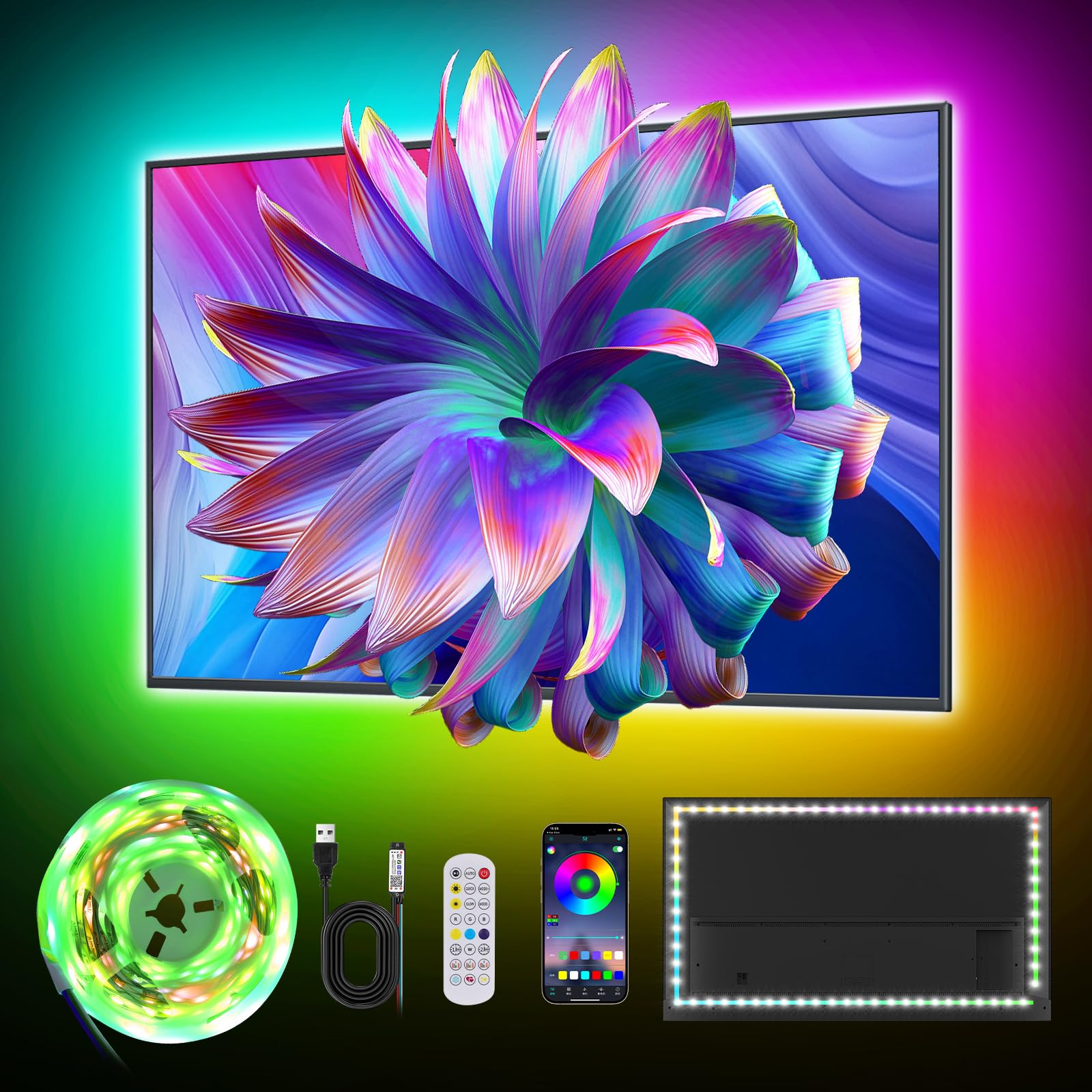 Liwqolx TV Led Lights 2M RGBIC Strip for 40-60 Inch TV/PC, Chasing Effect Dream Color 30Leds/M, Music Sync with Remote App Control Rainbow Led Light Strip for Bedroom,Party