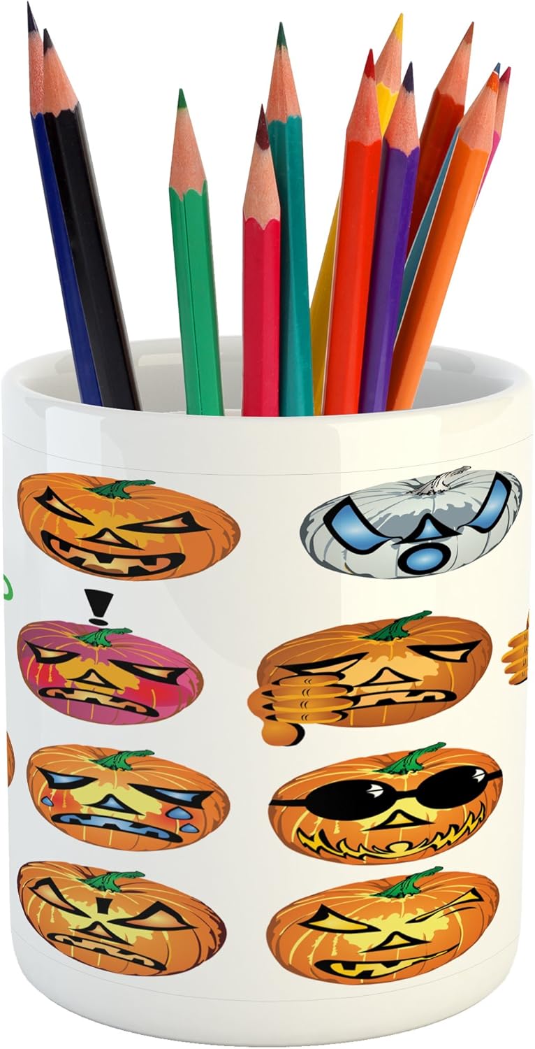 Ambesonne Halloween Pencil Pen Holder, Carved Pumpkin Faces