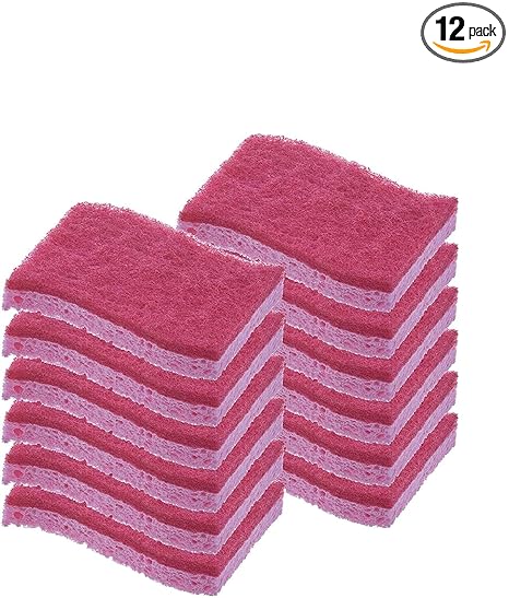 Superio Non-Scratch Cellulose Sponge Kitchen Scrub Sponges with Scouring Pad Set, Good for Non-Stick Cookware Frying Pan, Pot, Counter Top, Sink Scrubbing, Kitchen Scrubbers, Pack of 12, Red/Pink