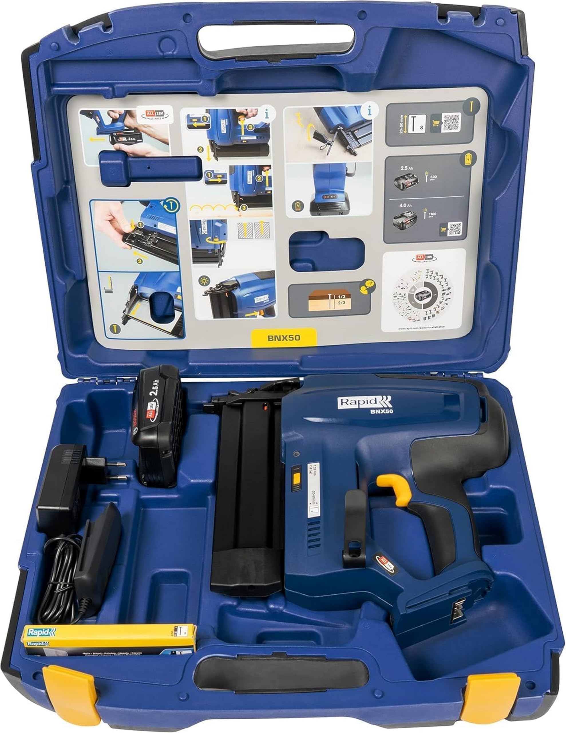 Rapid BNX50 18V Pistola Chiodatrice Alimentata a Batteria con Profondità di Infissione Regolabile, Sparo Singolo o per Contatto, Include Caricabatterie, Batteria 2,5 Ah e Valigetta (5001498)