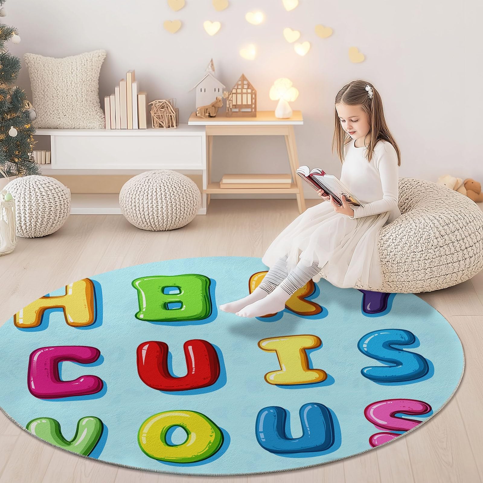 Tappeto rotondo 245 cm, tappeto moderno antiscivolo, colorato in flanella per interni, lavabile, morbido, per cameretta dei bambini, stanza dei giochi, camera da letto