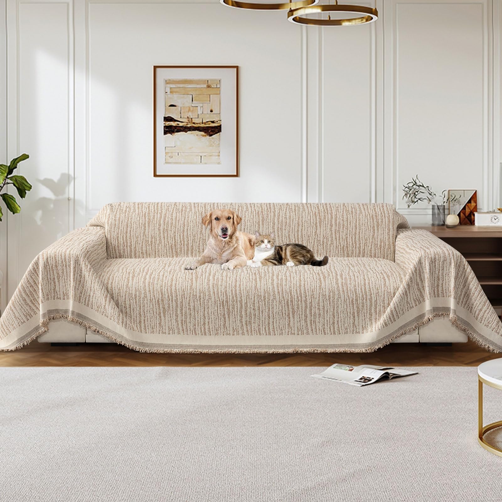 LiveGo Chenille Sofa Cover for 3 Seater, Soft Non-Slip Slipcover with Tassel, All-Season Washable Couch Protector for Dogs, Decorative Futon & L Shaped Sofa Cover (Beige, 180×260 cm) — image 1