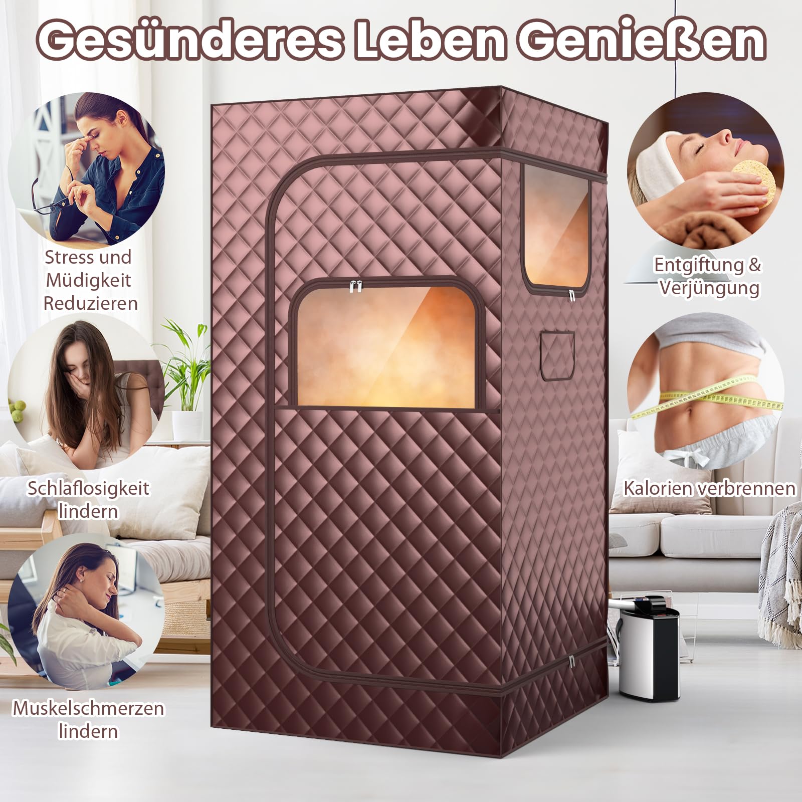 RELAX4LIFE Mobile Dampfsauna 3L, Heimsauna mit Fernbedienung&Saunastuhl, Sitzsauna mit 9 Temperaturstufen, Timer&Vernebelungsfunktion, Mini Sauna 1000W Verdampfer, Saunakabine 91x91x183cm (Kaffee)