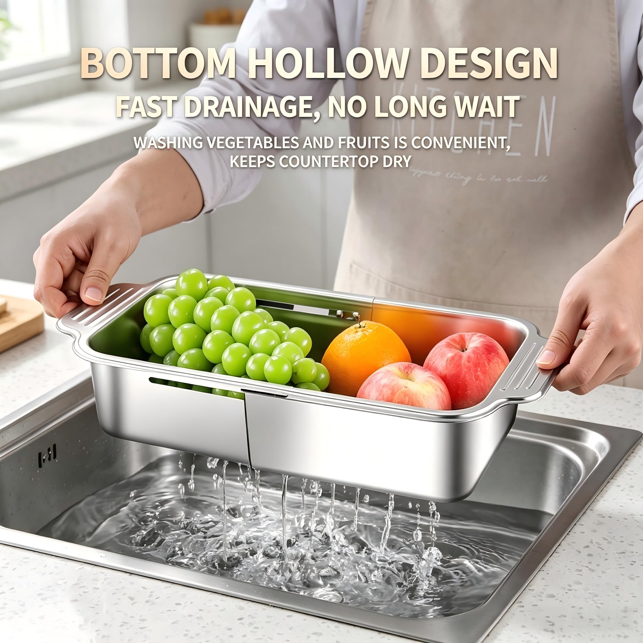Tissting 30-50 cm Edelstahl Spülen Sieb mit Ausziehbarer Funktion, Praktisches Küchensieb Zum Waschen Von Obst Und Gemüse, Ideal Für Moderne Küchen Mit Platzsparender Aufbewahrung (Groß 35,83 x 15,75