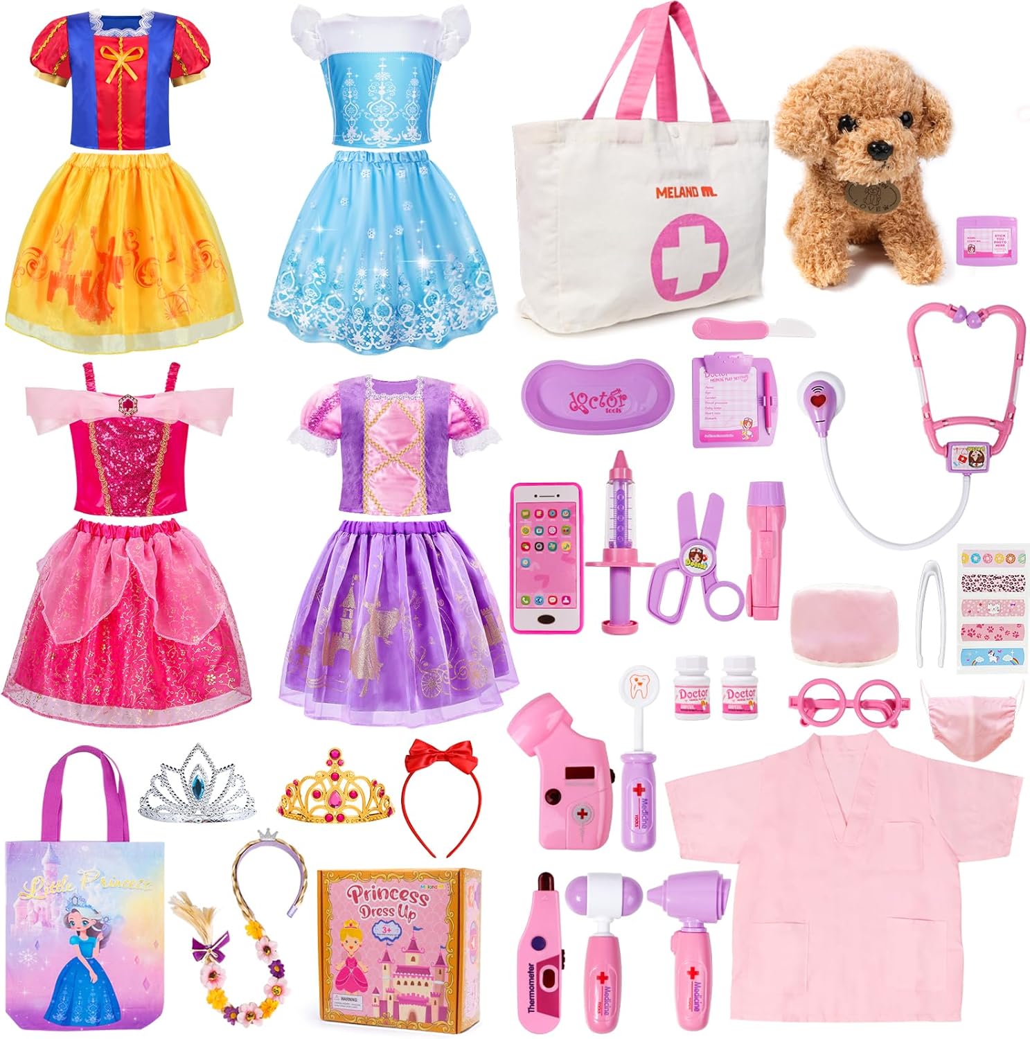 Meland Toy for Girls with Doctor Kit & Princess Dress Up Set, Gift for Little Girls Age 3-8 Year Old