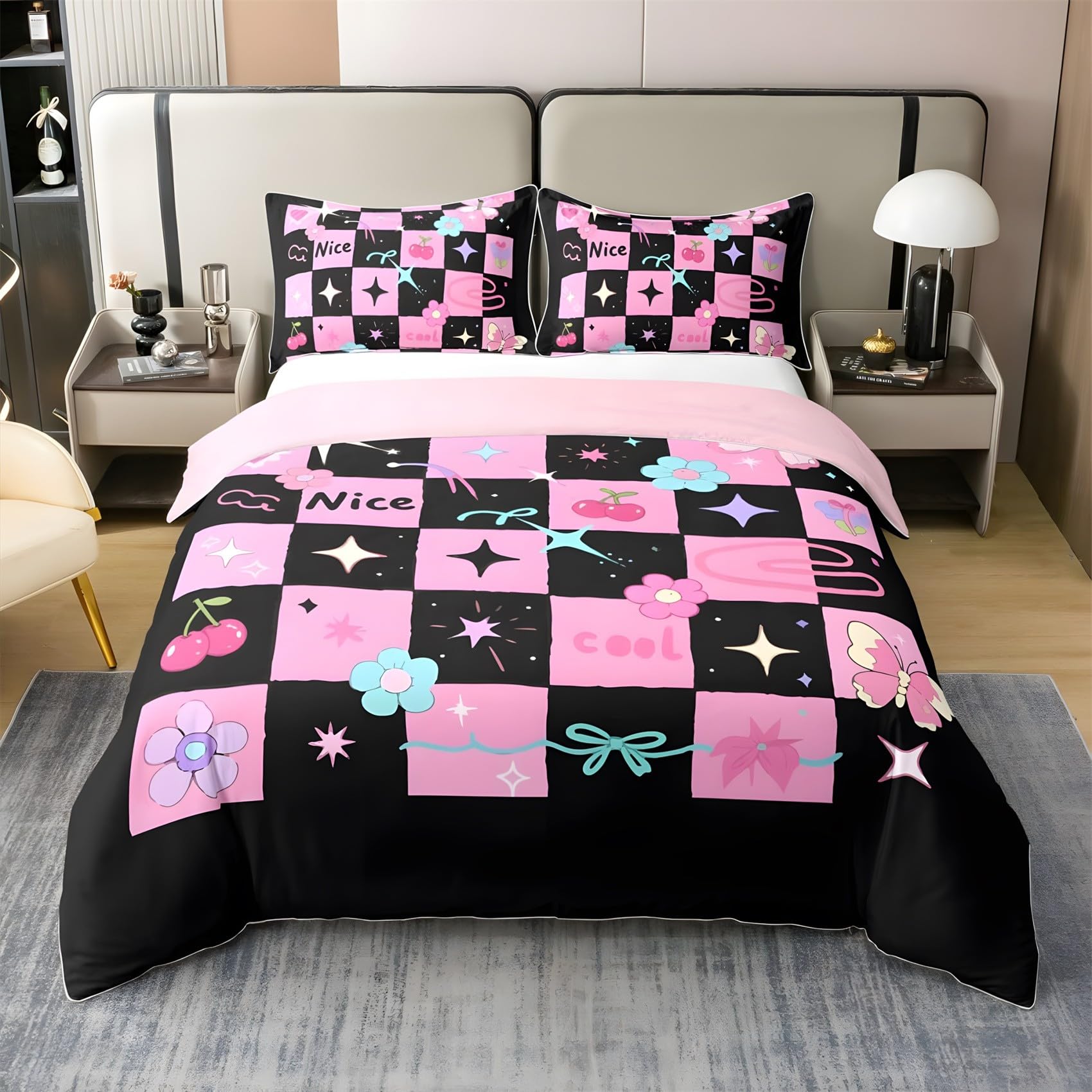 Parure de lit bicolore rose et noir pour chambre d'ado ou studio moderne avec zip