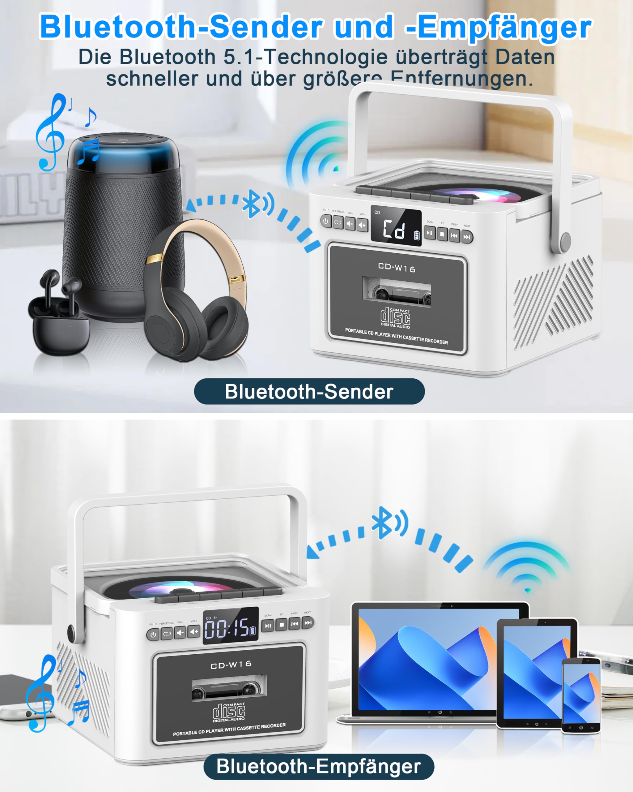 Greadio Lettore CD Portatile, Boombox con Lettore di Cassette e Radio FM, Bluetooth 5.1, Batteria Ricaricabile da 5000mAh, Telecomando, Ingresso AUX/USB/Scheda SD, Altoparlante da 5W, Schermo LED