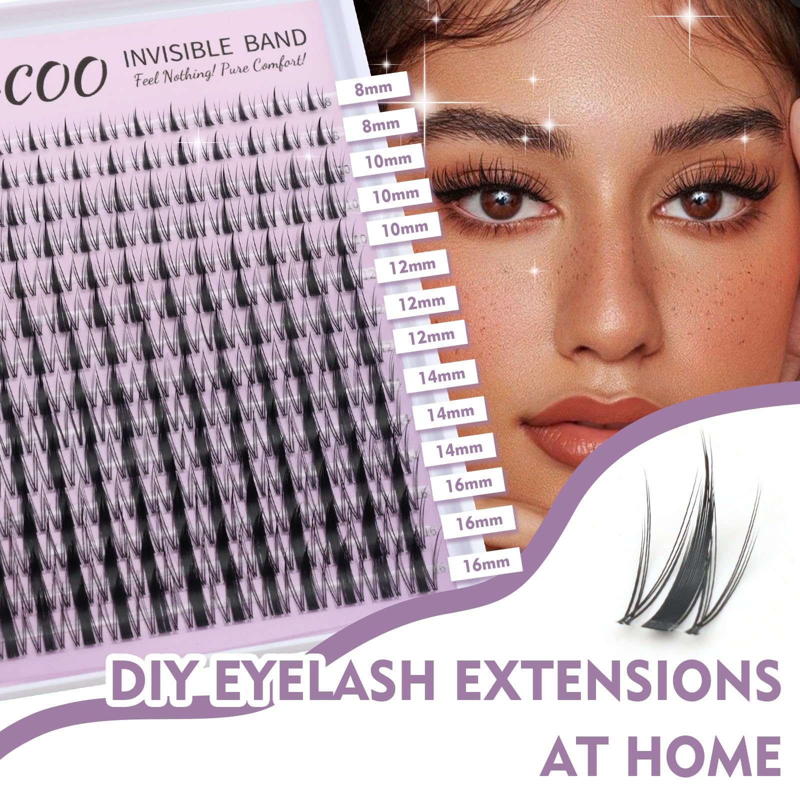 VEGCOO Faux Cils Individuels Noirs 8-16mm C Curl, Extension Cils Kit Style Manga Volume, Cluster Lashes Bande Transparente Invisible avec Outils