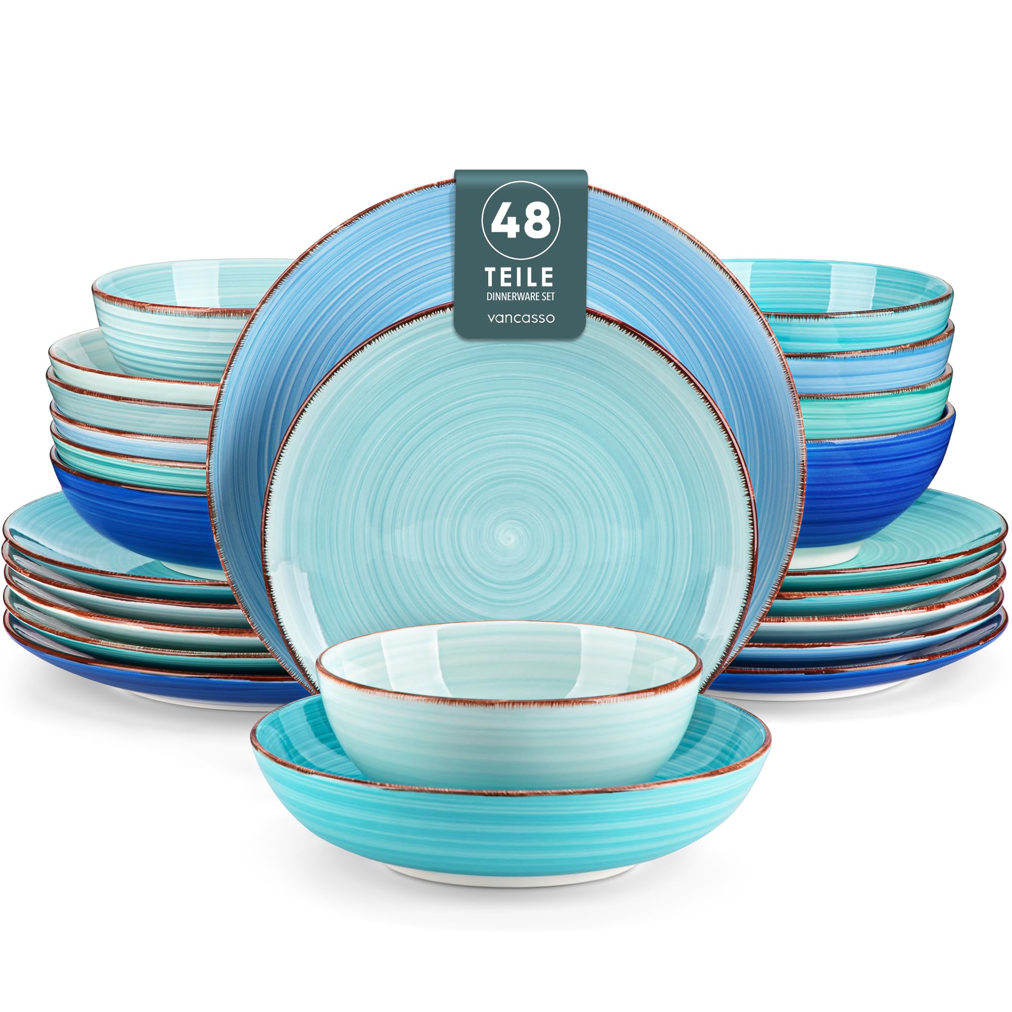 Geschirrset 12 Personen, vancasso Bonita 48tlg Tafelservice Steingut, modernes Ess Teller set und Schalen Set mit je 12 Speiseteller, Salatteller, Suppenteller und Schalen