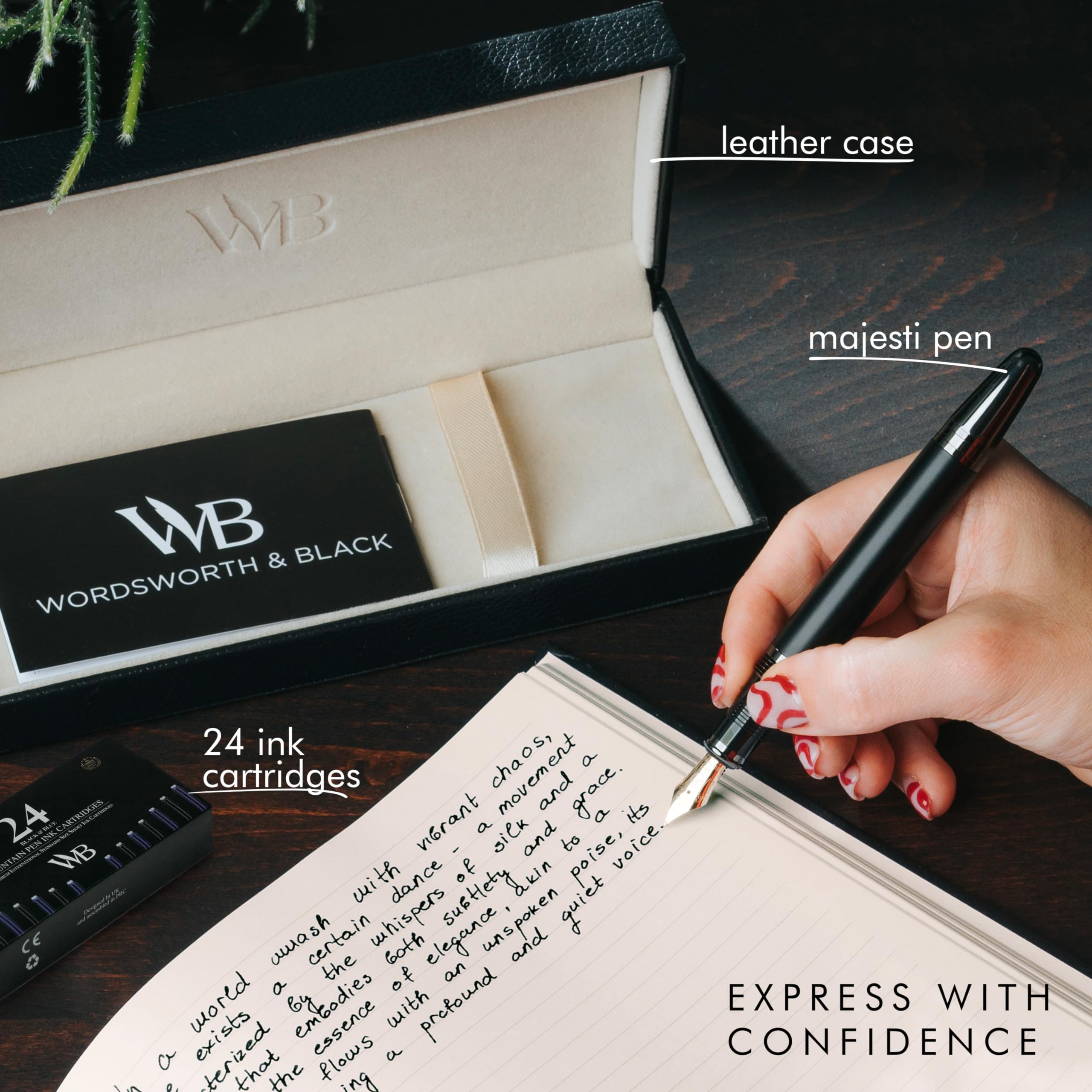 Wordsworth & Black Majesti Fountain Pen-(Black), Luxury Case, 24K Gold Finish; 18K Gilded Medium Nib- Ink Cartridges - Image 3