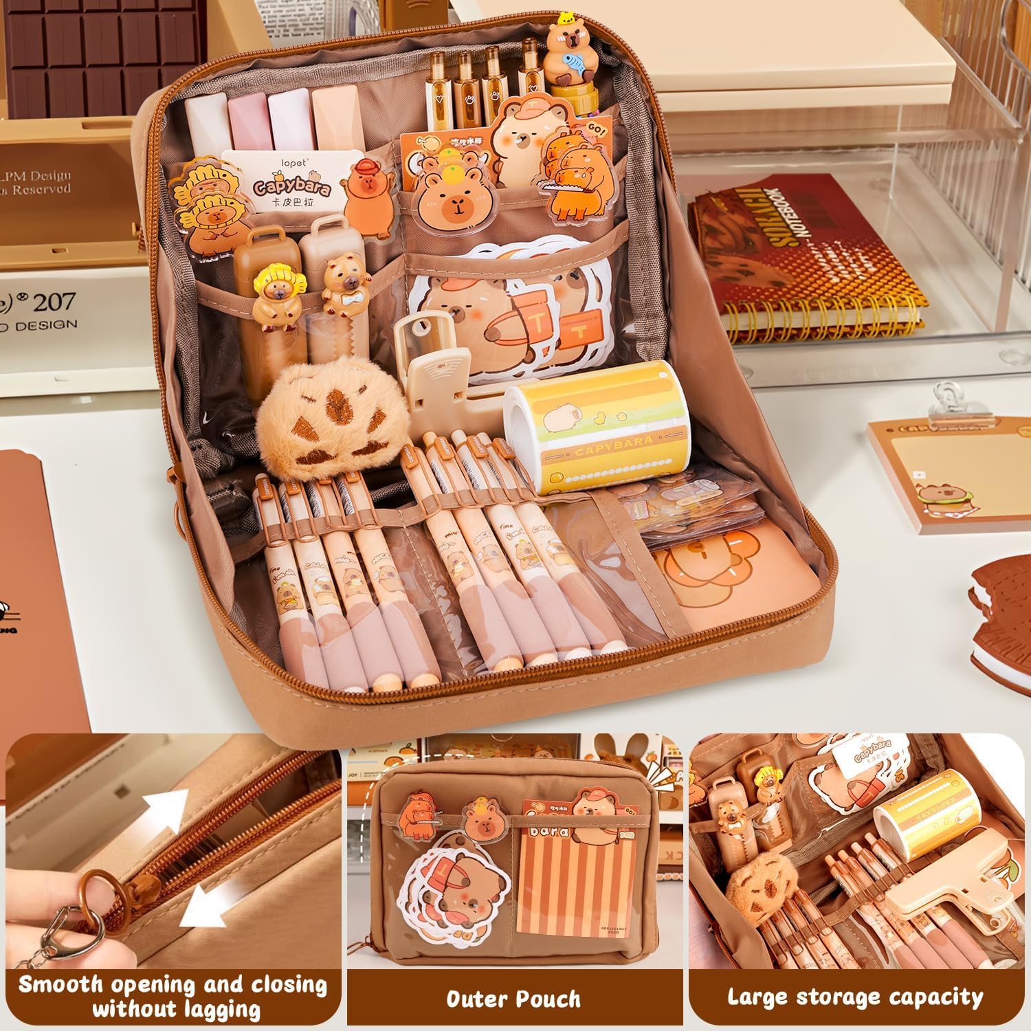 CelestiMingle Capybara Stationery Set, Cute Capybara Pencil Case with Pens, Eraser, Stickers, Keyring & Ruler, Large Capacity Multi-Layer Pencil Case for Kids Boys Girls Students School Gifts (A) - Image 3