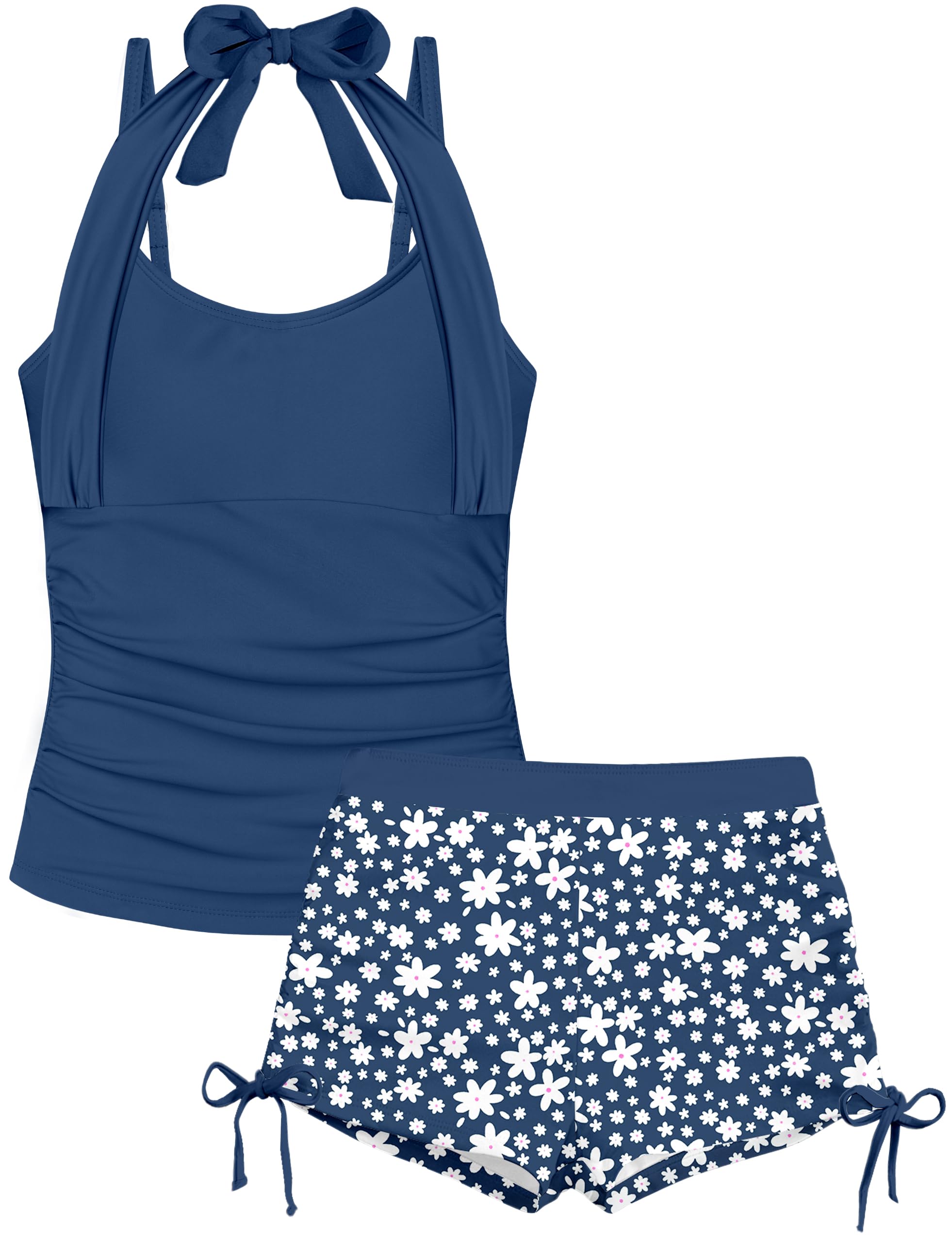 Girls Swimsuit 2 Piece Halterneck Girls Tankini Swimsuit Drawstring Printed Swim Shorts Girl Bathing Suit for 7-18T