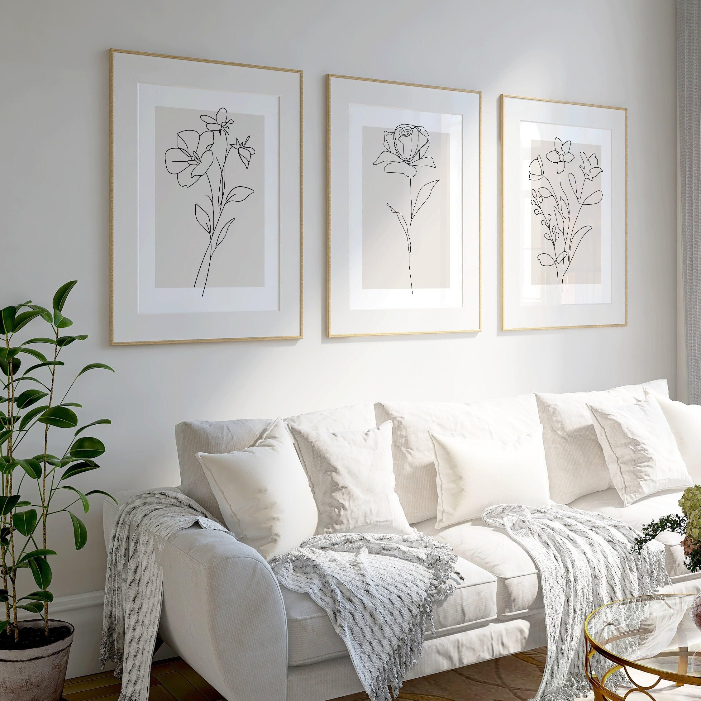 AMOSIJOY Wall Art Prints 3 Piece Set, Botanical Wall Decor Beige Floral Line Drawing Artwork, Neutral Home Decoration Posters for Bedroom Living Room (30×40cm)