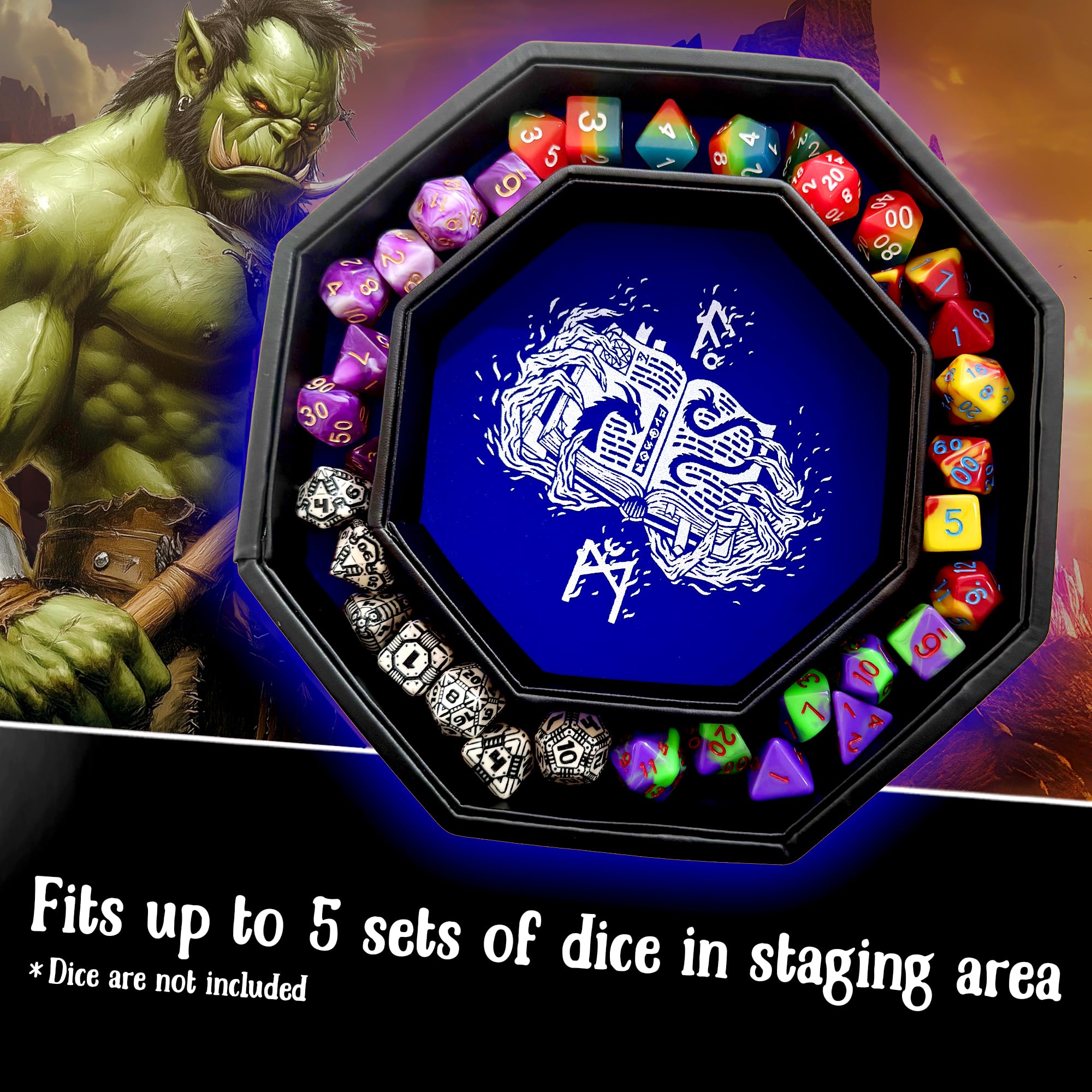 Fantasydice Blue Dragon Dice Sword with Wizard Book Print, 9" Octagon Tray with Lid and Dice Staging Area - Image 3