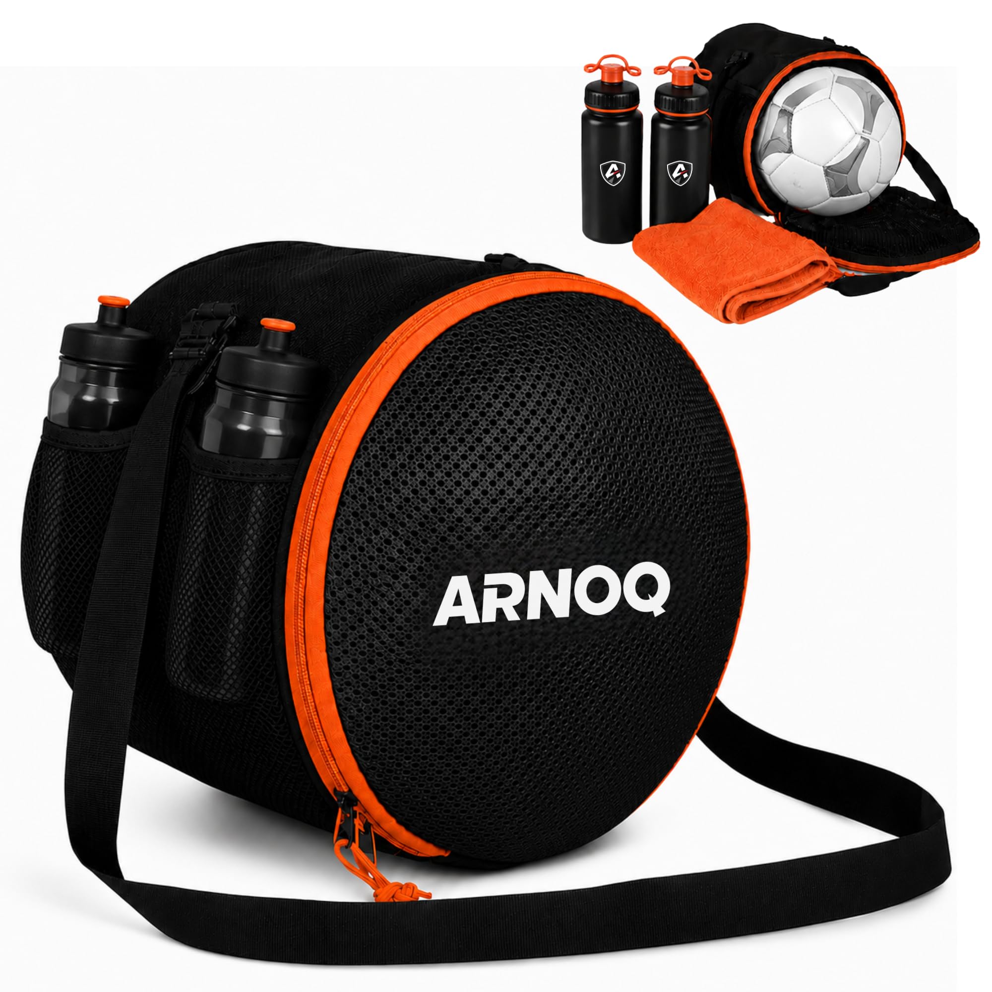 Multi-Sport Football Kit Bag, 15L Lightweight Ball Bag with Dual Bottle Holders, Pocket, Adjustable Strap for Gym & Training (Black - Orange)-image-24