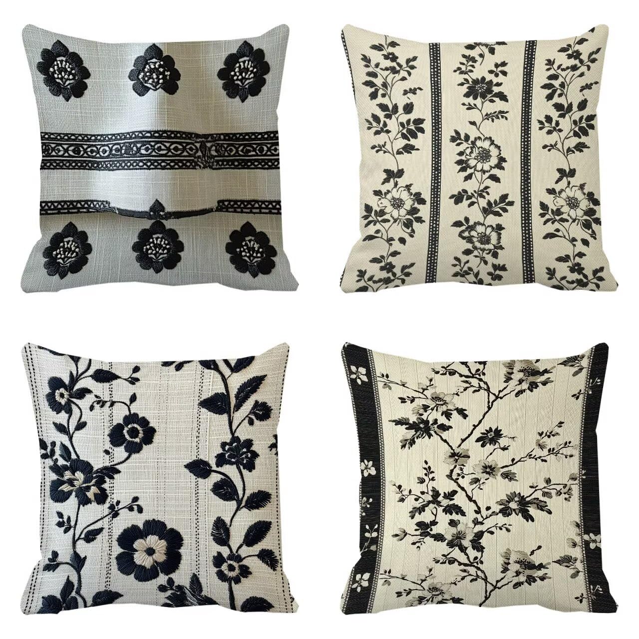 Coussin Canape Noir Fleurs 30x30 cm idéal pour salon et chaise de jardin (Lot de 4)