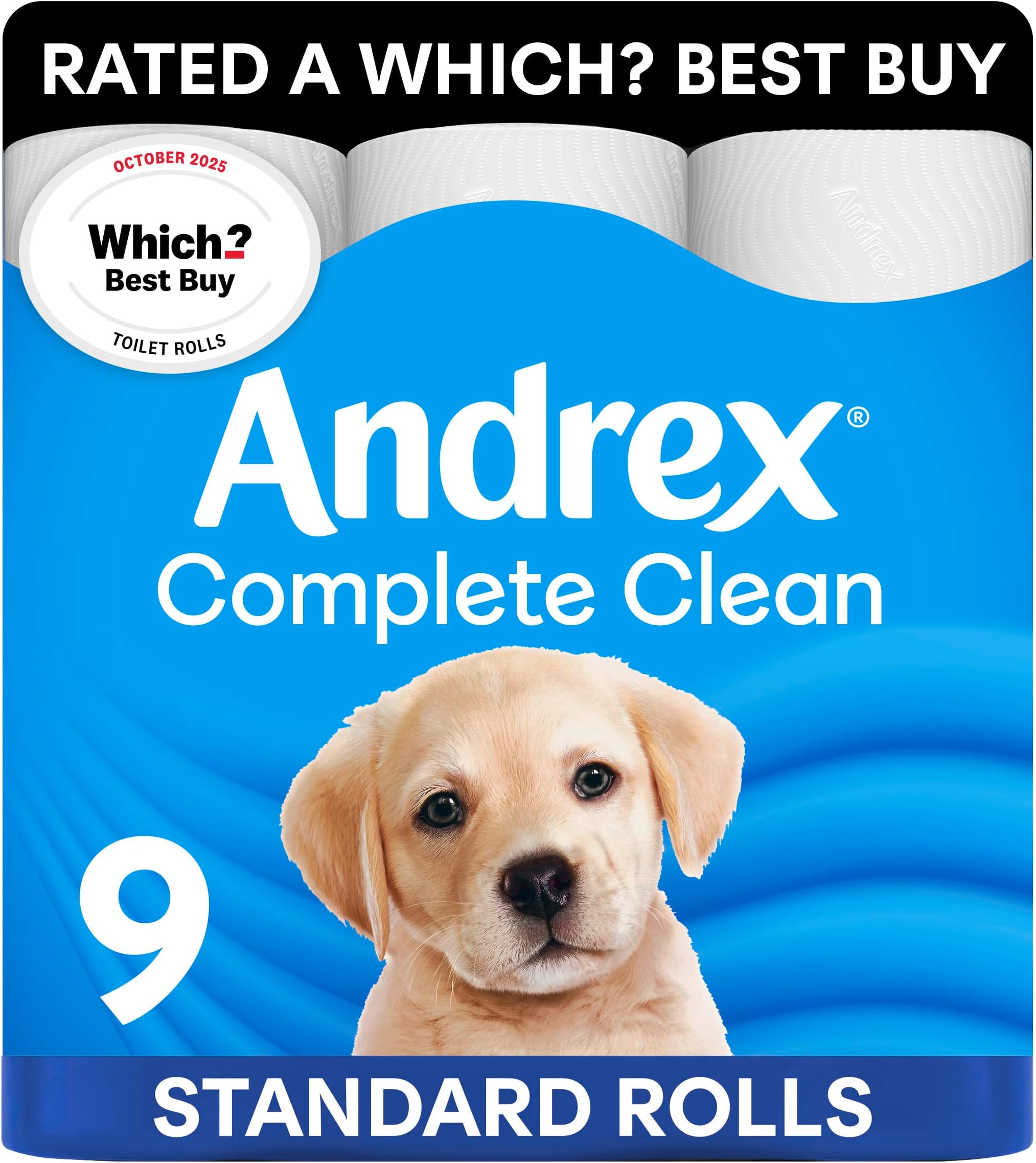Complete Clean Toilet Tissue Standard Rolls, Unique 3D Wave Texture for a Proven, Effective Clean, Loo Rolls, 9 Toilet Rolls
