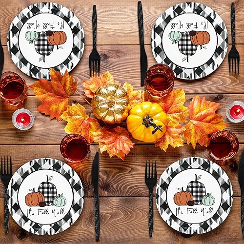 Miniatura 6 de Whaline Juego de vajilla desechable de 175 piezas de otoño de Acción de Gracias, 50 platos de papel, 25 servilletas, taza de papel, tenedor