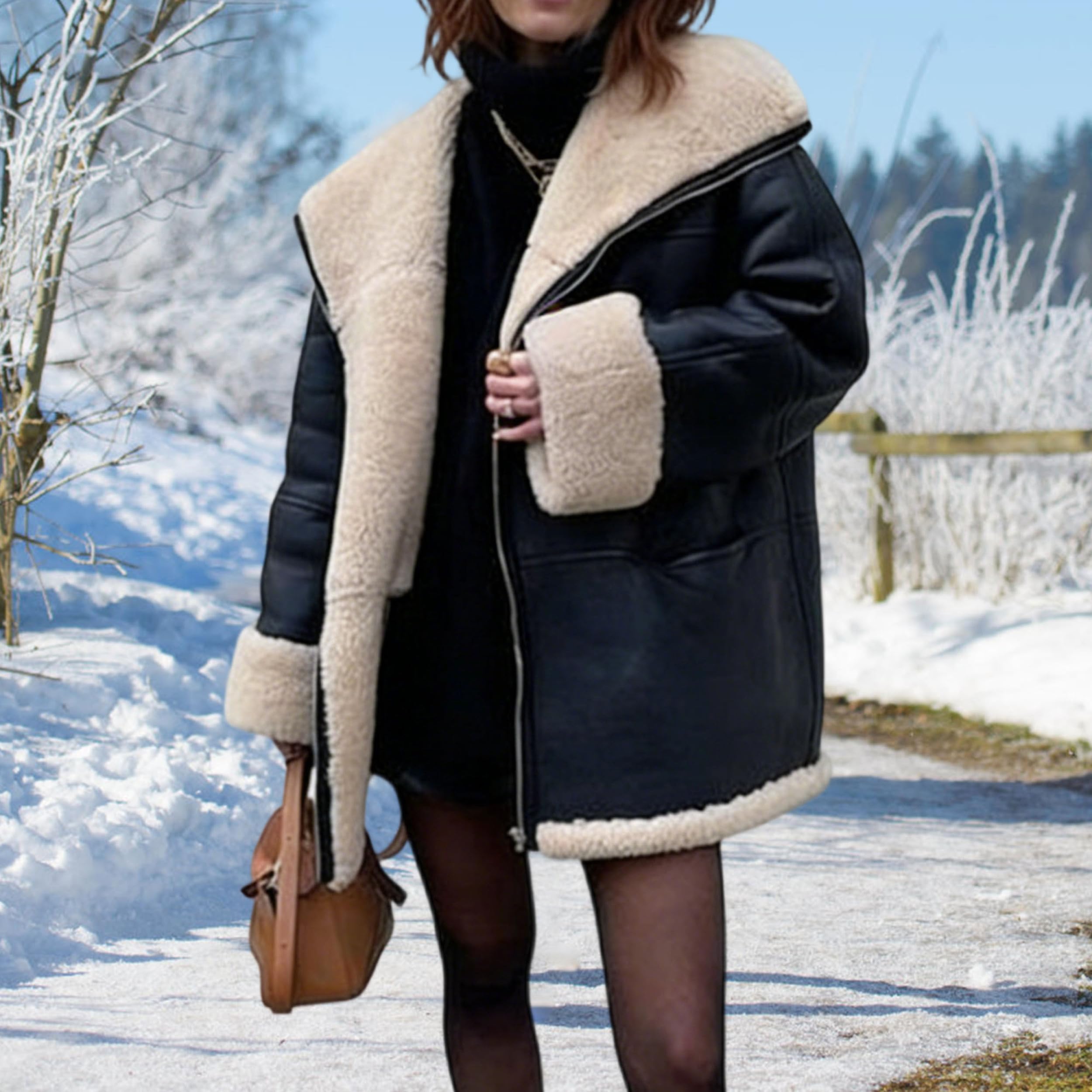 Manteaux en peau lainée pour femmes, blouson aviateur en fausse peau lainée pour femmes, manteau d'hiver doublé sherpa